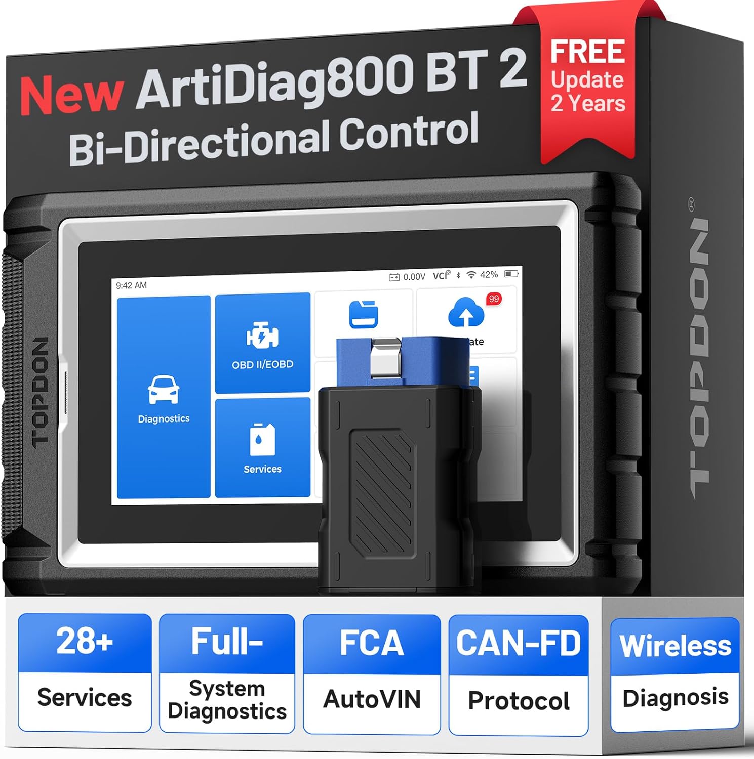 TOPDON ArtiDiag800 BT 2, All-System Diagnostic Tool, 28+ Maintenance Functions, FCA Gateway Access & CAN-FD Protocol, Bluetooth Wireless Diagnosis, 2 Years Free Updates