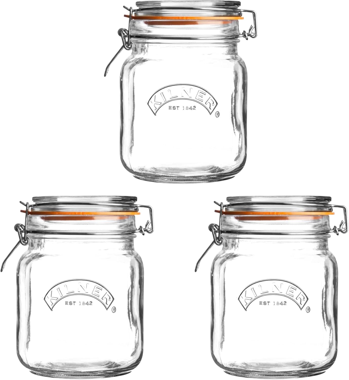 Kilner Square Clip Top Jar Set of 3, 1 Litre (1000ml) Airtight Glass Jars for Storing Coffee Beans Pickling Vegetables Chutneys Pasta Nuts BPA-Free Dishwasher Safe