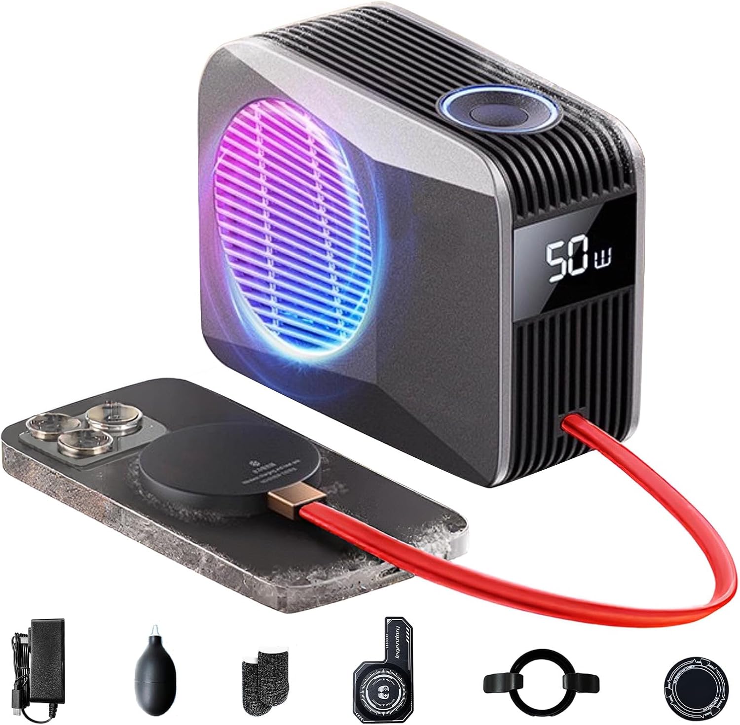 Phone Cooler for Gaming, Live Streaming, 50W Magnetic Cell Phone Cooler with Low Noise Liquid Cooling Radiator for iPhone MagSafe Series/Android/iPad/Tablet, with RGB Cooling Fan (Gray)