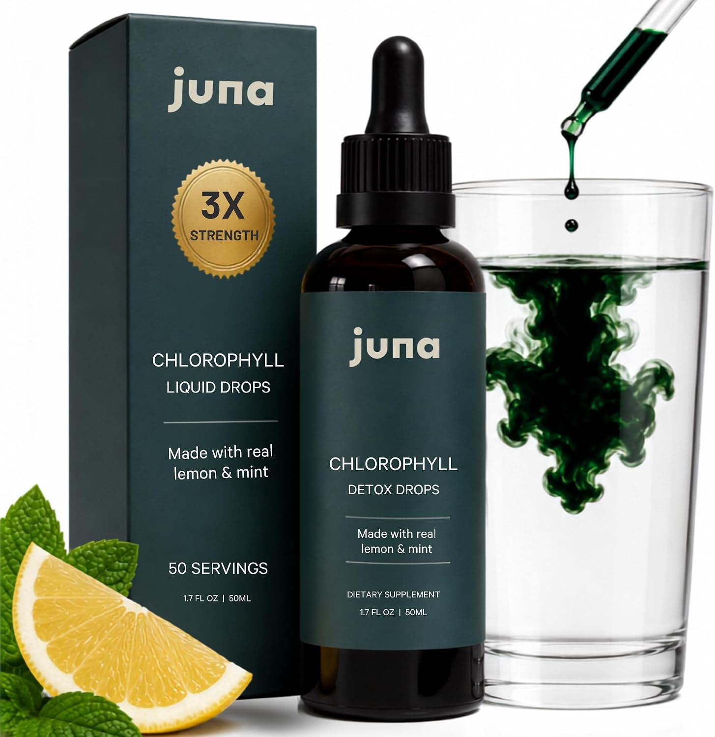 Juna Liquid Chlorophyll Detox Drops, Lemon & Mint Flavor, 3X Strength