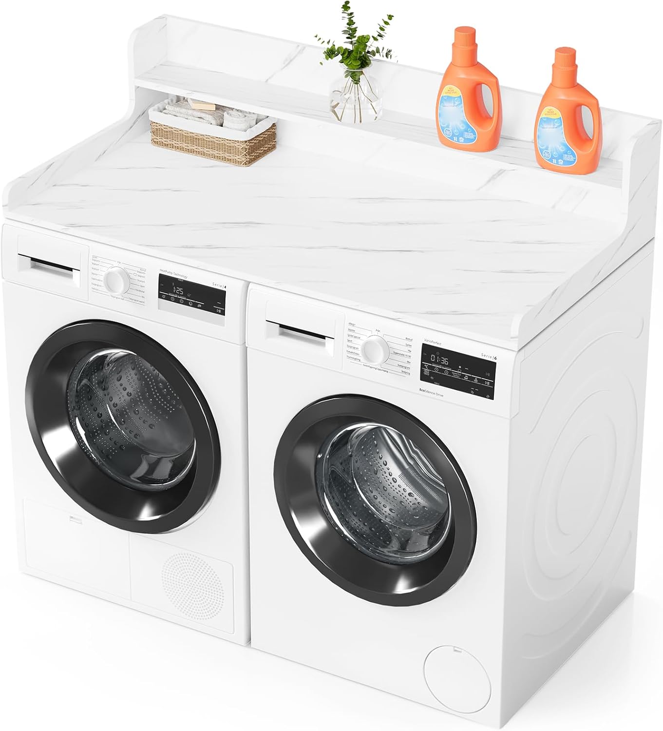SpaceAid Washer Dryer Countertop with 2-Tier Shelf, Wood Topper with Edge, 54" Width x 27.5" Depth Cover Organizer Guard for Washer and Dryer Counter Laundry Hamper Storage (White Marble)