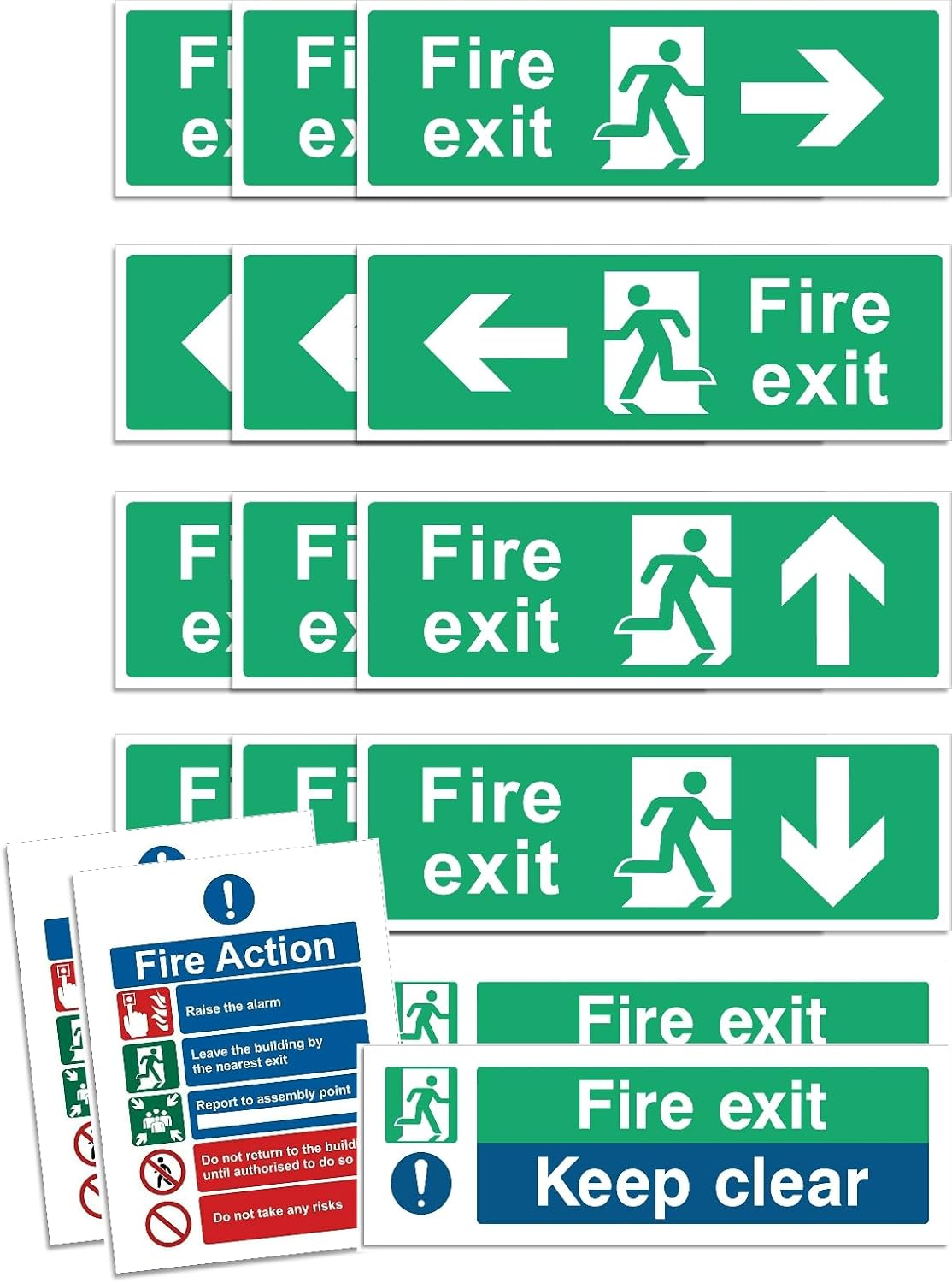 Rubigo 16PK/32PK Fire Exit Signs (RIGHT, LEFT, UP, DOWN ARROW) Keep Clear, Fire Action Safety Signs, 30 X 10cm, Self Adhesive Vinyl Sticker, Emergency Exit Door, Signage (16pk)