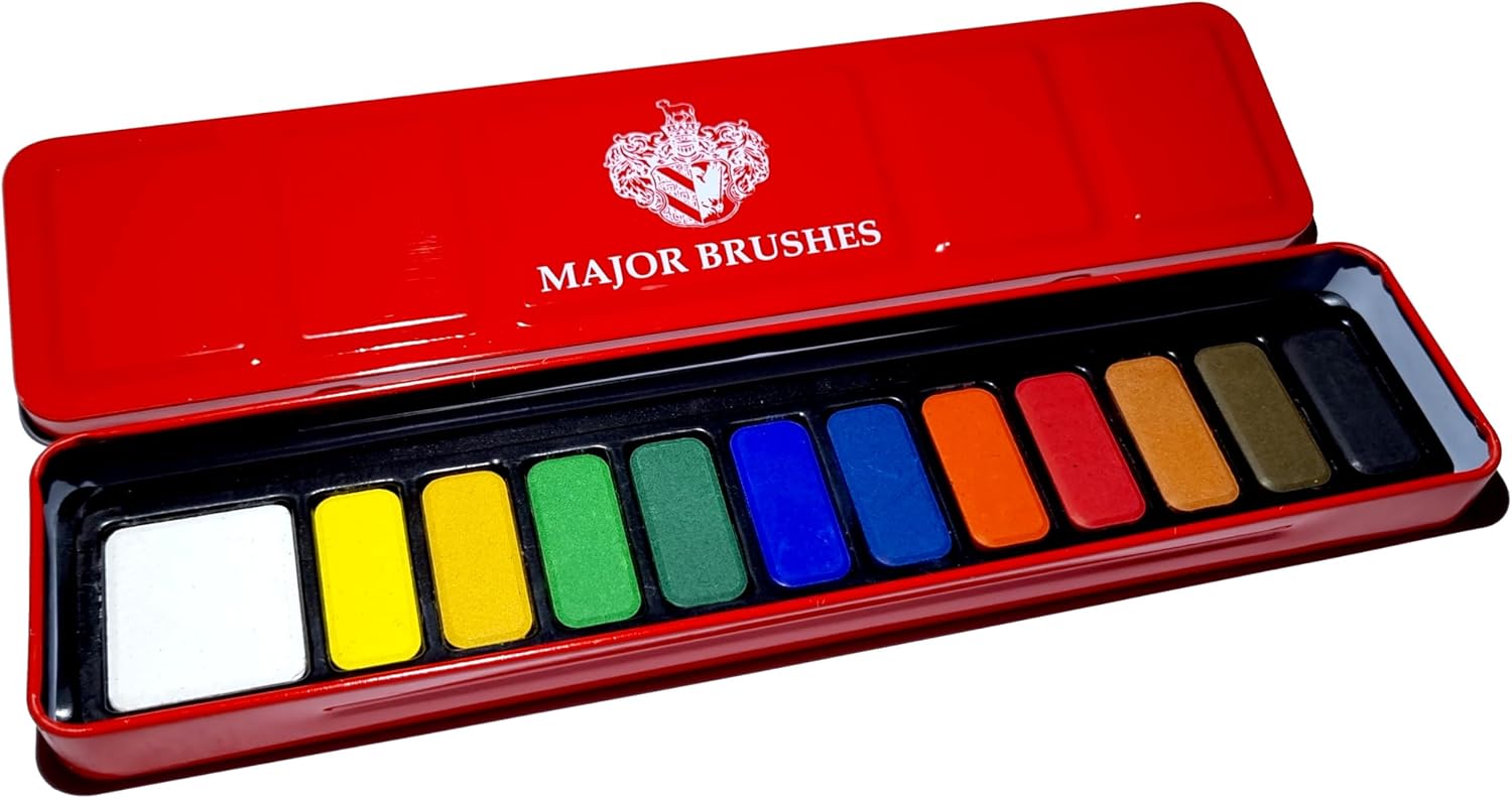 Major Brushes Artist Watercolour Red Paint Tin 12 Blocks