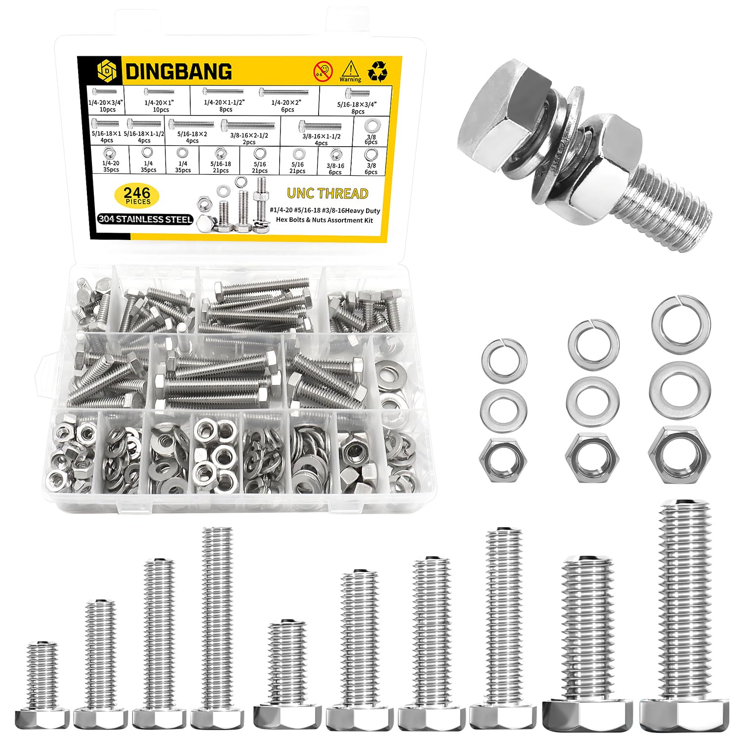 246Pcs Hex Head Nuts and Bolts Assortment Kit, Stainless Steel 1/4"-20,5/16"-18,3/8"-16 Assorted Bolts Nuts and Flat & Spring Lock Washers with Case for Home, Auto,Electronic & Industrial Repair