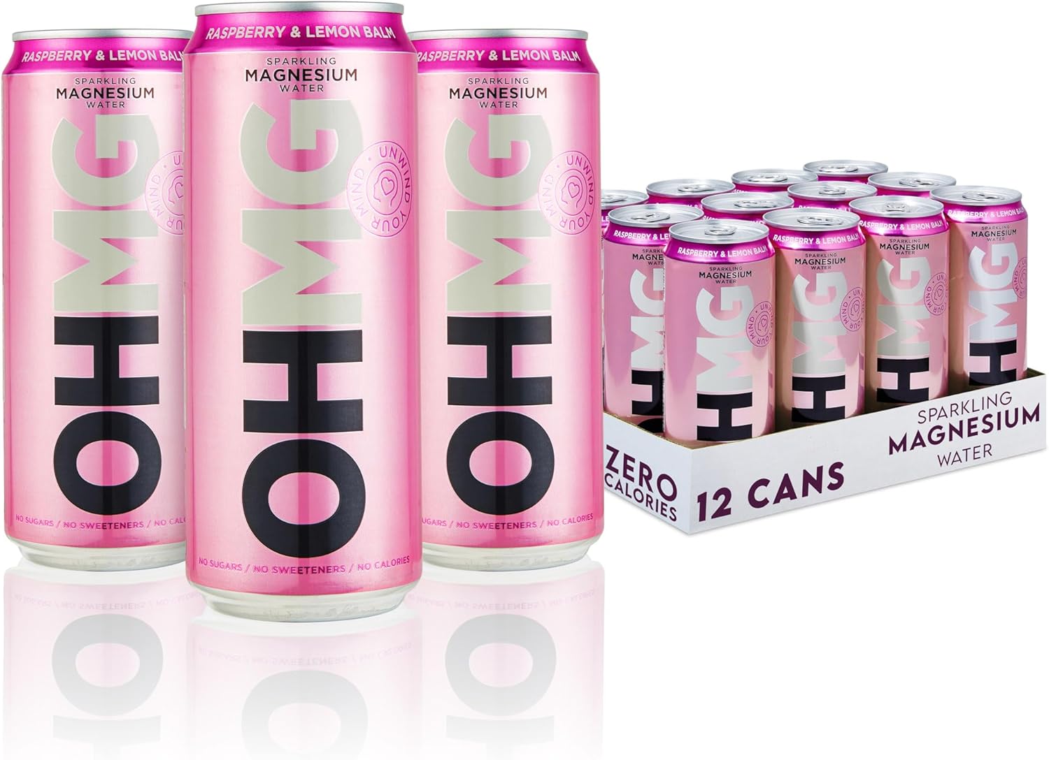OHMG Sparkling Magnesium Water | 12 Cans x 330ml Flavoured Sparkling Water | Raspberry & Lemon Balm | Zero Calories, Zero Sweeteners, Zero Sugar | Health Drinks | Energy Drinks |100mg Magnesium