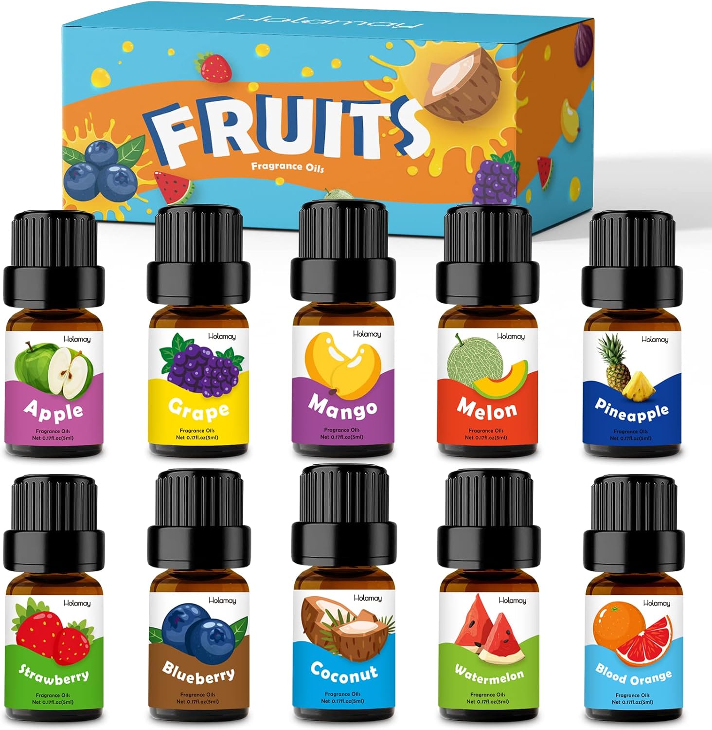 Fruity Fragrance Oil for Candle & Soap Making, Holamay Premium Essential Oils 5ml x 10 - Coconut, Strawberry, Mango, Pineapple, Summer Aromatherapy Diffuser Oils Set