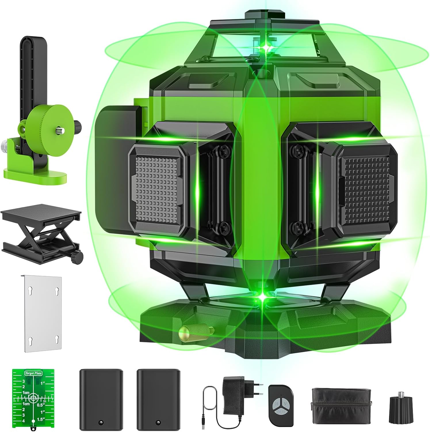 ponoseu Laser Level Green 4 x 360°, Rotary Laser Level Self Levelling 16 Green Cross Line Horizontal & Vertical Laser, Remote Control, IP54, Lifting Base, LZH-488