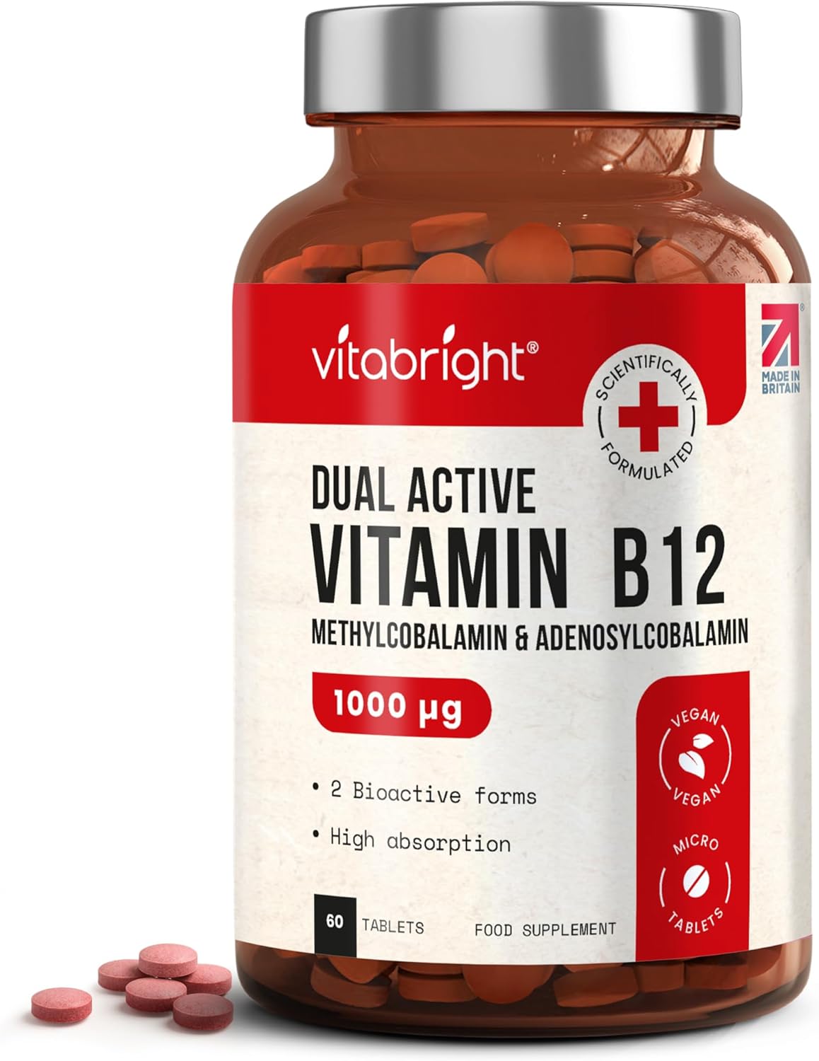 Vitamin B12 Tablets | High Strength 1000mcg Methylcobalamin and Adenosylcobalamin | Methylated Vitamin B 12 Complex | Vegan Tablets (Not Liquid, Not Spray) | VitaBright
