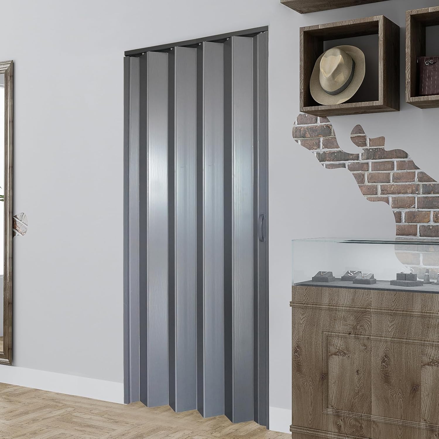 DIYHD 38X80in Interior Folding PVC Accordion Door,Grey,Include Door and Mounting Hardware,Handle,Latch,Folded Width 5-1/8"