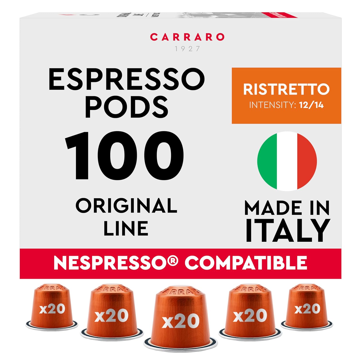 100 Aluminum Espresso Pods Compatible with Nespresso Original Line, Made in Italy - Ristretto, Intensity 12/14, Dark Roast, (Packaging May Vary)
