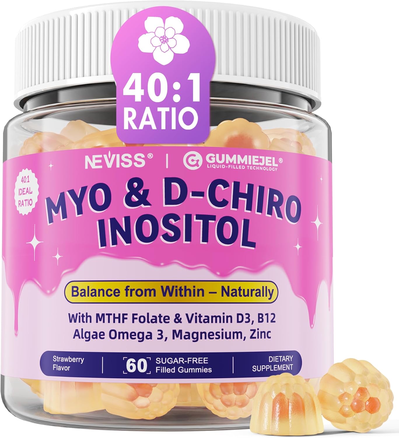 Myo-Inositol & D-Chiro Inositol, Hormone Balance for Women | Sugar Free Inositol Gummies w/Omega 3, MTHF Folate, Vitamin D3, B12, Magnesium & Zinc for Ovarian Health, Ideal 40:1 Ratio, Vegan, 60 Cts