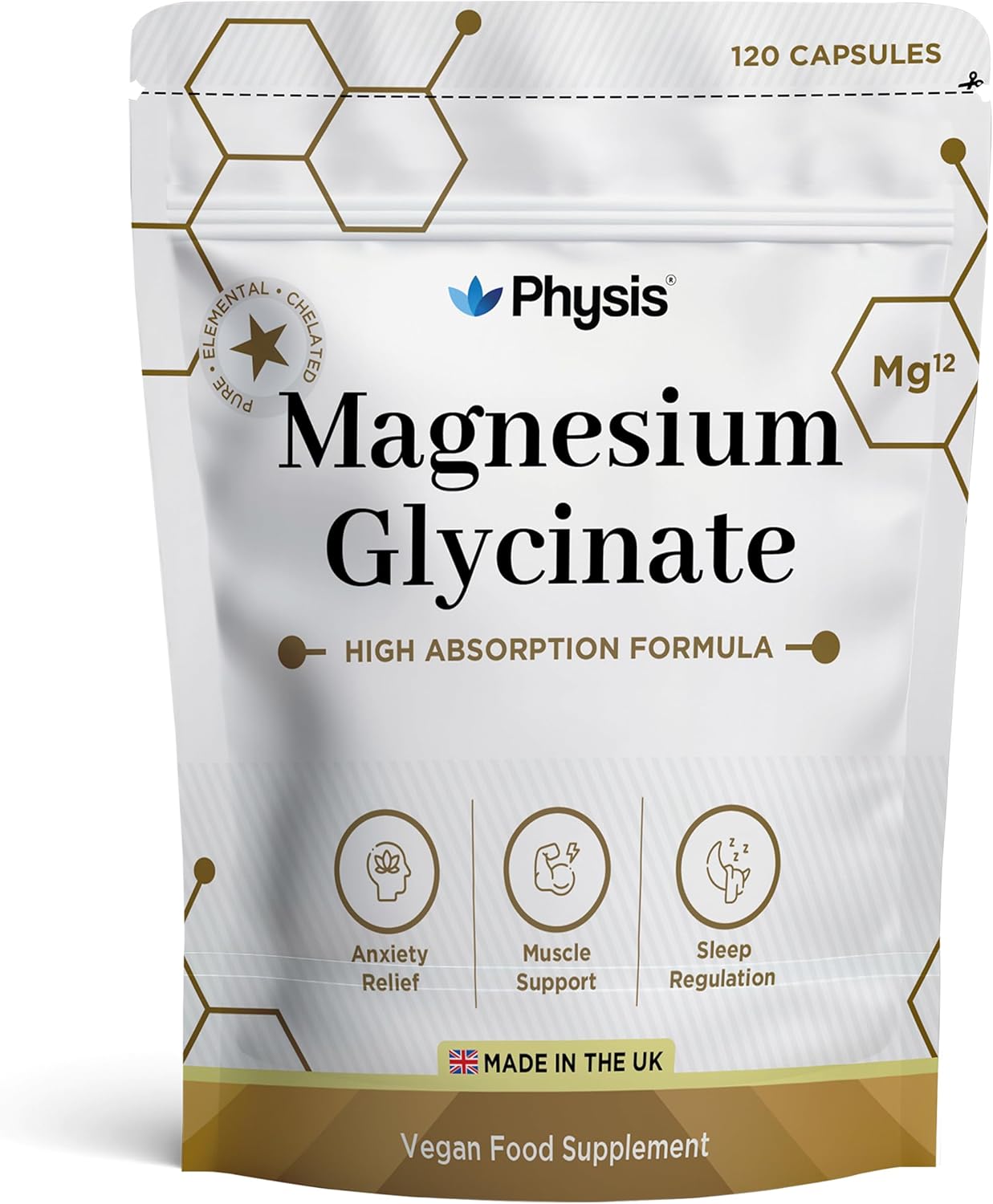 Physis Magnesium Glycinate 200mg - 400mg Daily | Sleep, Mood & Muscle | 120 Vegan Capsules | Magnesium Supplements | Non GMO, Dairy & Gluten Free | High Bioavailability