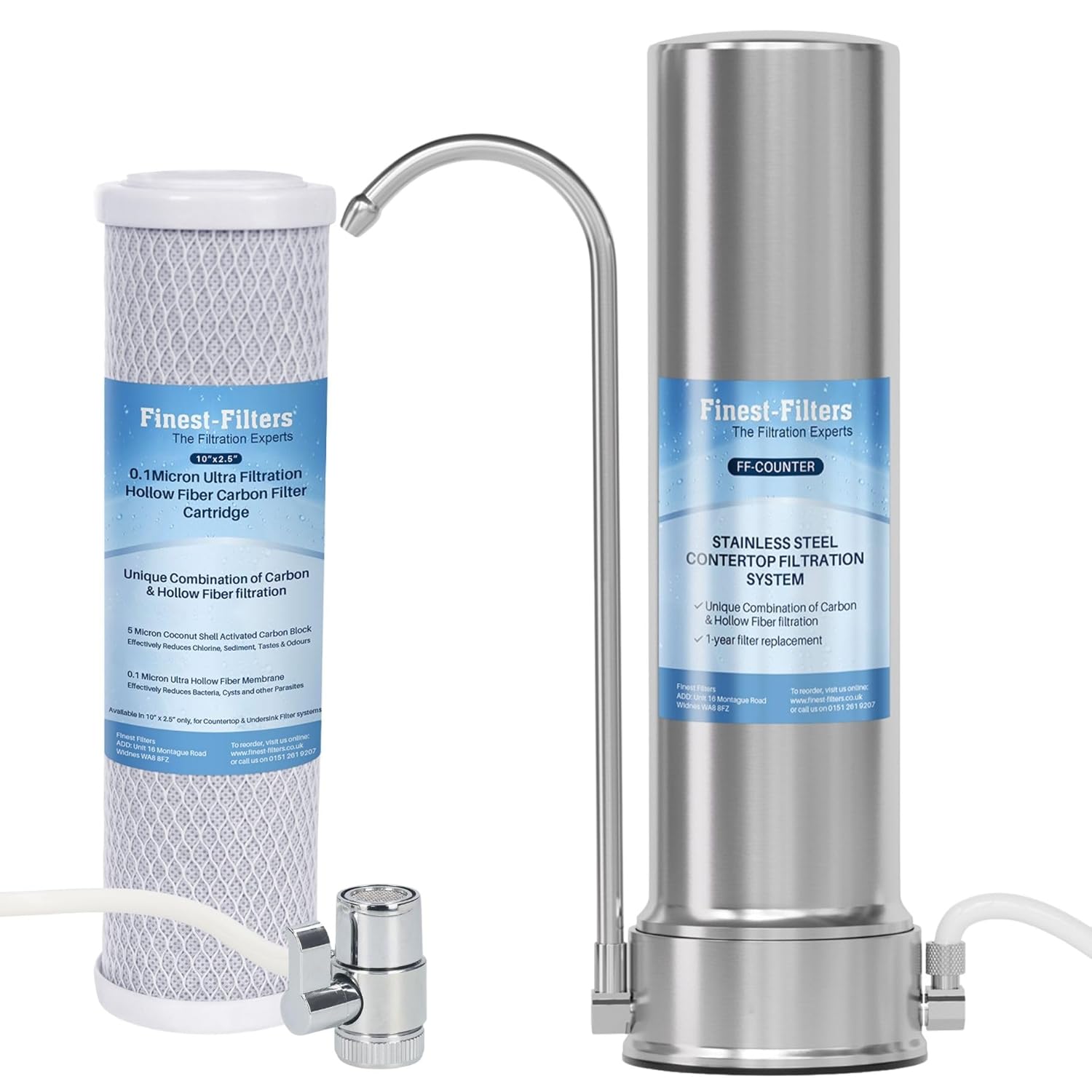 Countertop Water Filter Multi Stage Stainless Steel Countertop Filtration System Kitchen Tap Faucet Water Filter Reduces Chlorine, Heavy Metals, Odours, 12 Month Filter Included