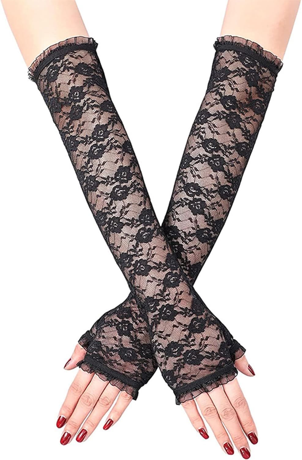 Long Lace Gloves,Black Lace Gloves for Women White Lace Gloves Fingerles Elbow Length Evening Gloves for Wedding Prom 80s Floral Opera Ladies Fancy Dress Accessory Halloween Party Costumes Masquerade