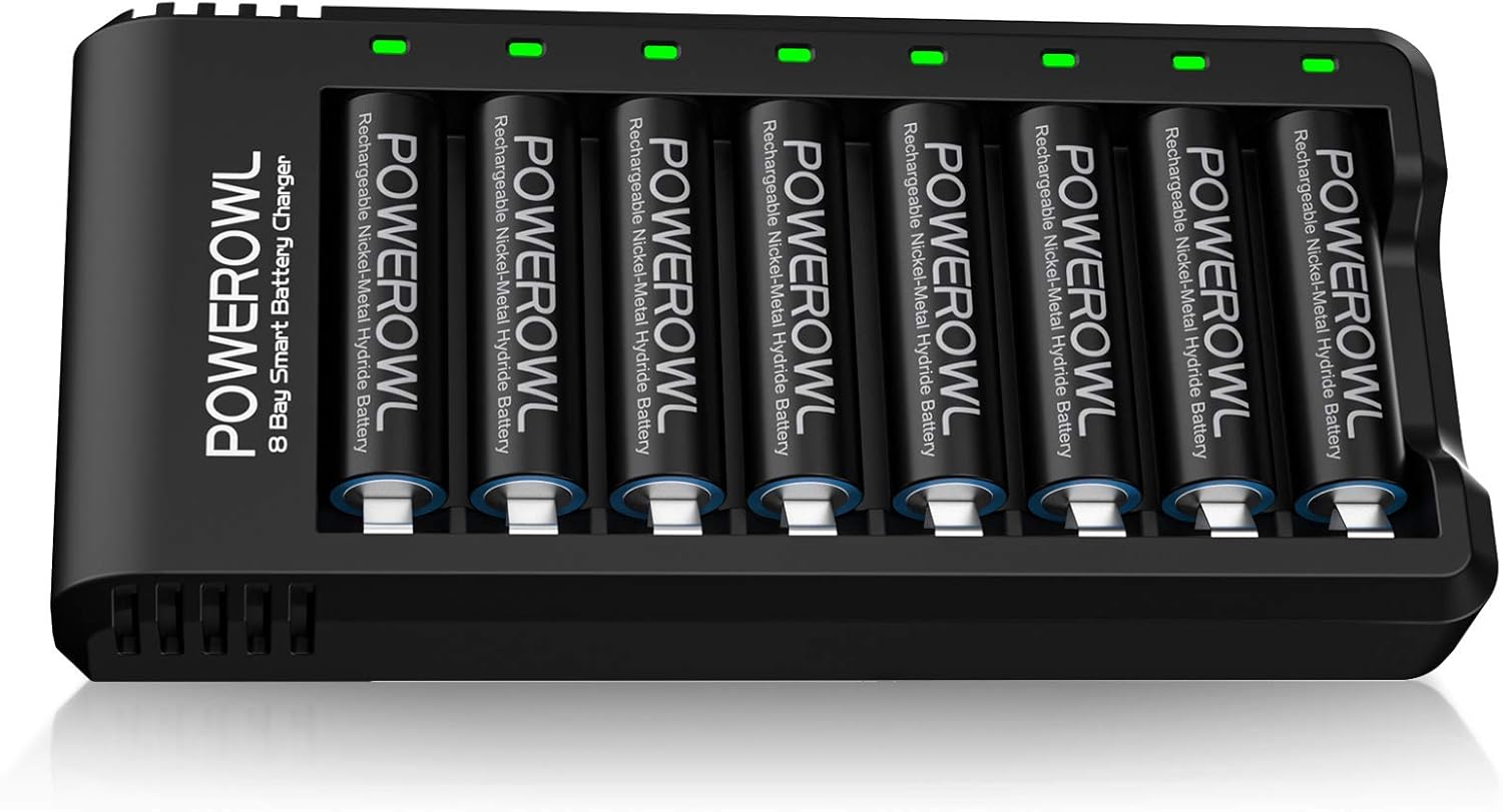 POWEROWL 8 Pcs 2800mAh AA Rechargeable Batteries with 8 Slot Battery Charger, USB Fast Charging, Input DC 5V 2A, Output 1.4V 250mA, Independent Slot