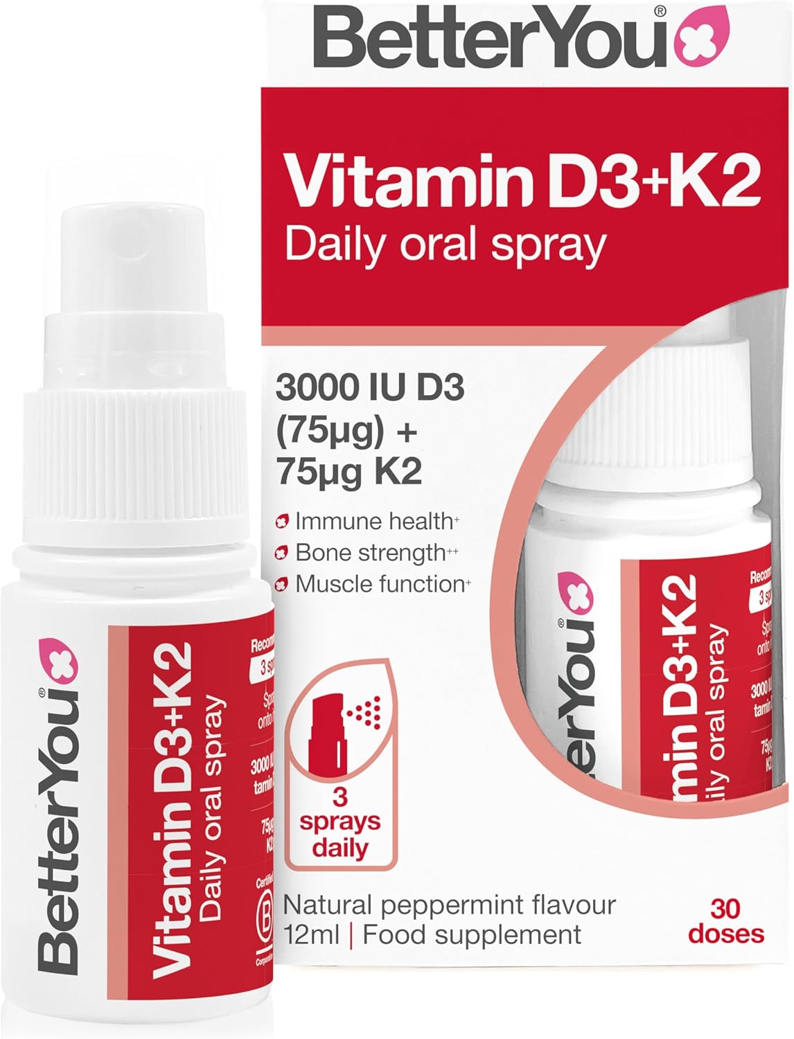 BetterYou Vitamin D3 K2 Oral Spray, Fast Acting Vitamin D 3000 IU + Vitamin K2 (MK7) Supplement, Supports Bones, Teeth, Immune System & Blood Clotting, 1-Month Supply, Natural Peppermint Flavour