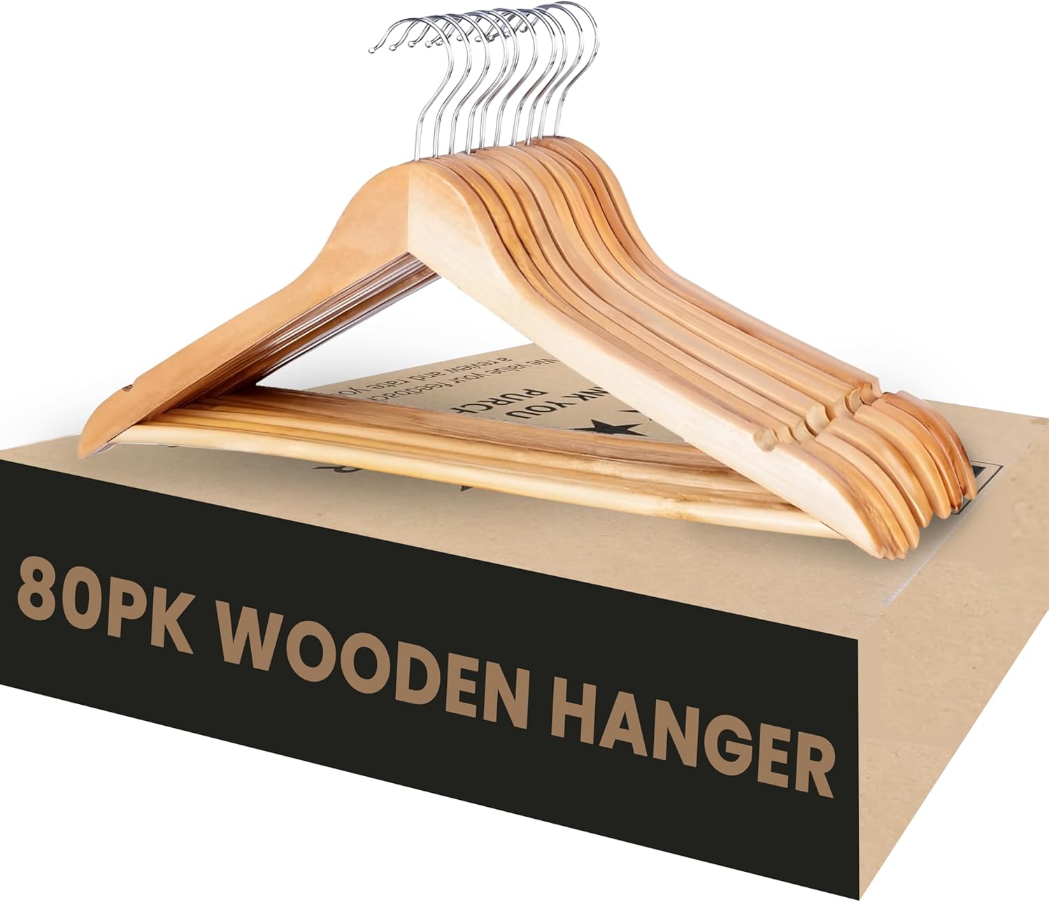 Aspect Wooden Coat Hangers, Smooth Finish Natural Wood Coat Hanger with Non Slip Pants Bar for Wardrobe Space Saver, 360° Swivel Hook and Precisely Cut Notches for Jacket, Dress & Clothes (Pack of 80)
