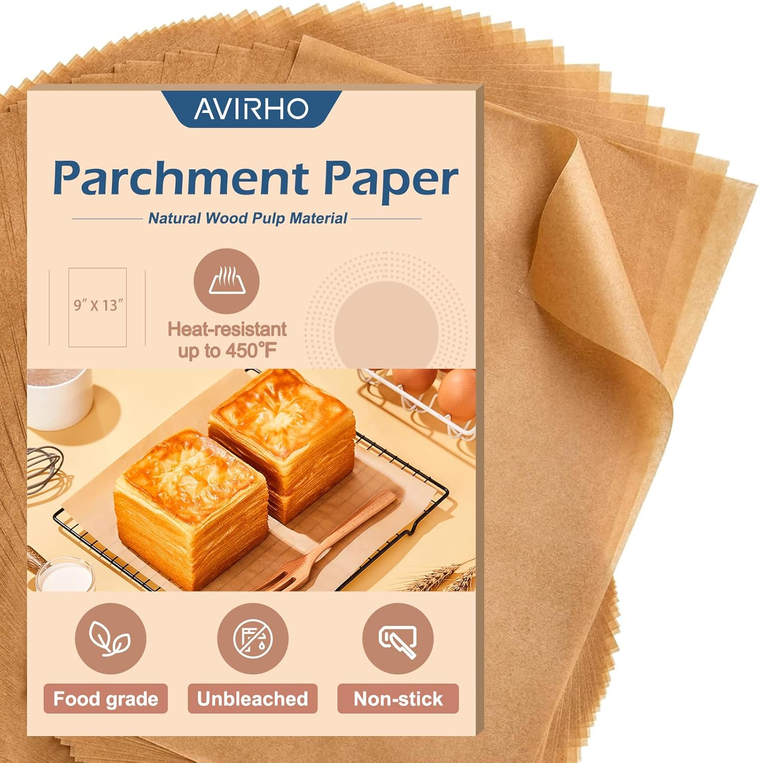 Unbleached Parchment Paper Baking Sheets, 9x13IN Precut Non-Stick Parchment Paper for Baking, Grilling, Air Fryer, Steaming-70 Sheets Unbleached Parchment Sheets for Bread Cup Cake Cookie And More