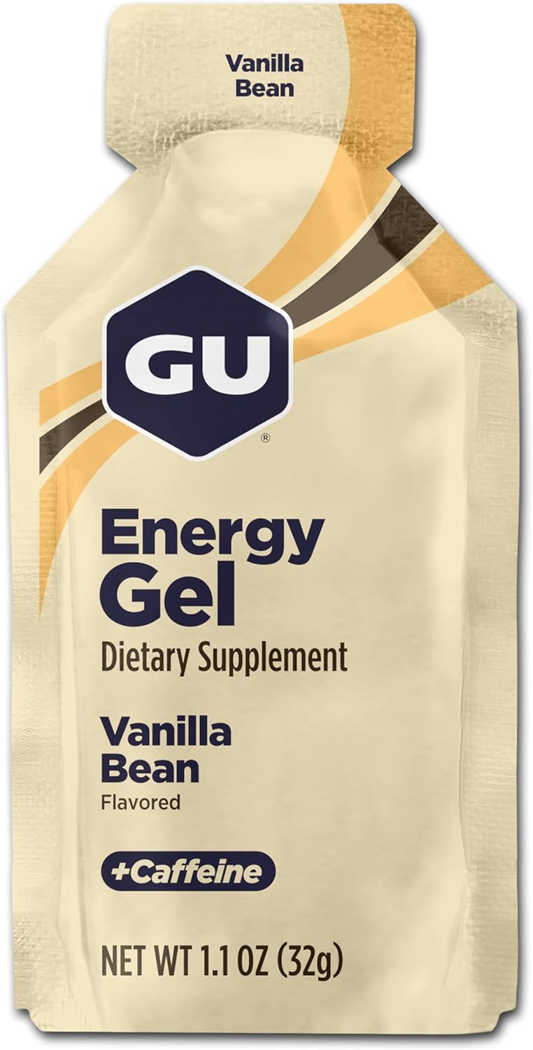 Energy Gels 24 Pack Vanilla Bean Flavour - Running Gels Energy Triathlon Pre-Workout and Endurance Sports Gel with Carbohydrates Sodium Caffeine Pouches Amino Acids Electrolyte Gel Fuel Gym Food