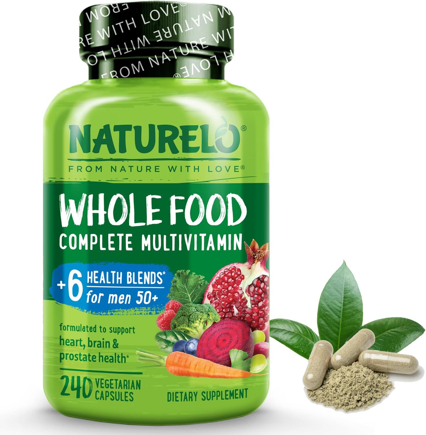 NATURELO Whole Food Multivitamin for Men 50+ - with Vitamins, Minerals, Organic Herbal Extracts - Vegan Vegetarian - for Energy, Brain, Heart and Eye Health - 240 Capsules