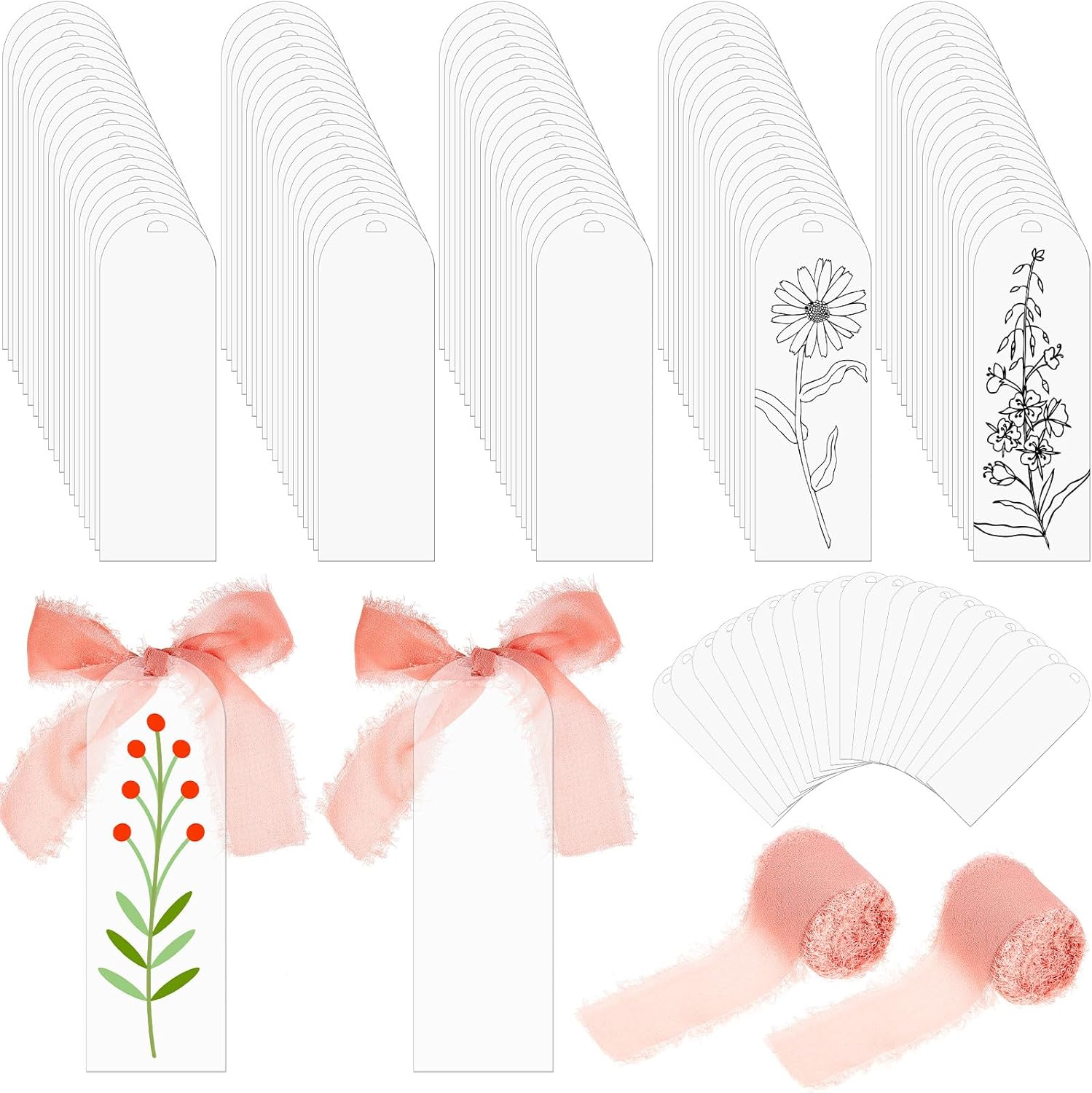 Yeaqee 100 Pcs Acrylic Bookmark Blanks Clear Bookmarks Acrylic Tags with 2 Rolls Ribbon DIY Craft Transparent Bookmark for Reading Lovers for School Presents(5.9 x 2 Inch,Dusty Pink)