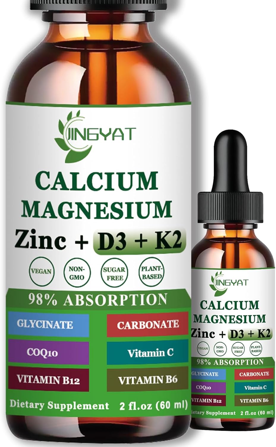 Calcium Magnesium Zinc Liquid Drops, Liquid Magnesium Glycinate 500mg Calcium 1000mg with Vitamin D3,K2,B6,B12,Coq10 for Bone Strength, Muscle Function,6X Stronger Than Gummies Capsules