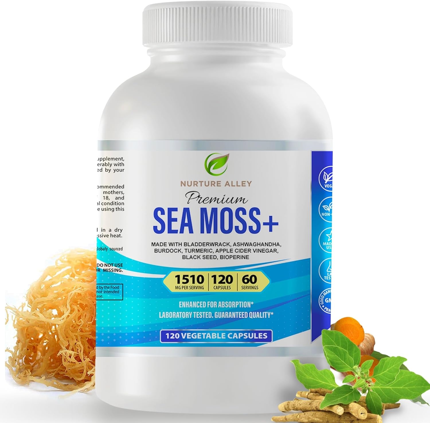 8-in-1 Sea Moss & Black Seed Complex with Ashwagandha, Turmeric, Burdock, Bladderwrack, Apple Cider Vinegar & BioPerine® – Comprehensive Daily Superfood Supportt
