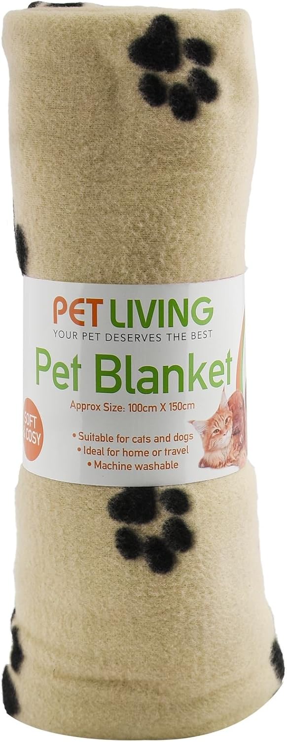 New Pet Touch Soft Fleece Pet Blanket Dogs Puppy Cat Kittens Blankets Paws & Bones Print ((100 X 150) cm, Beige (Black Paws))