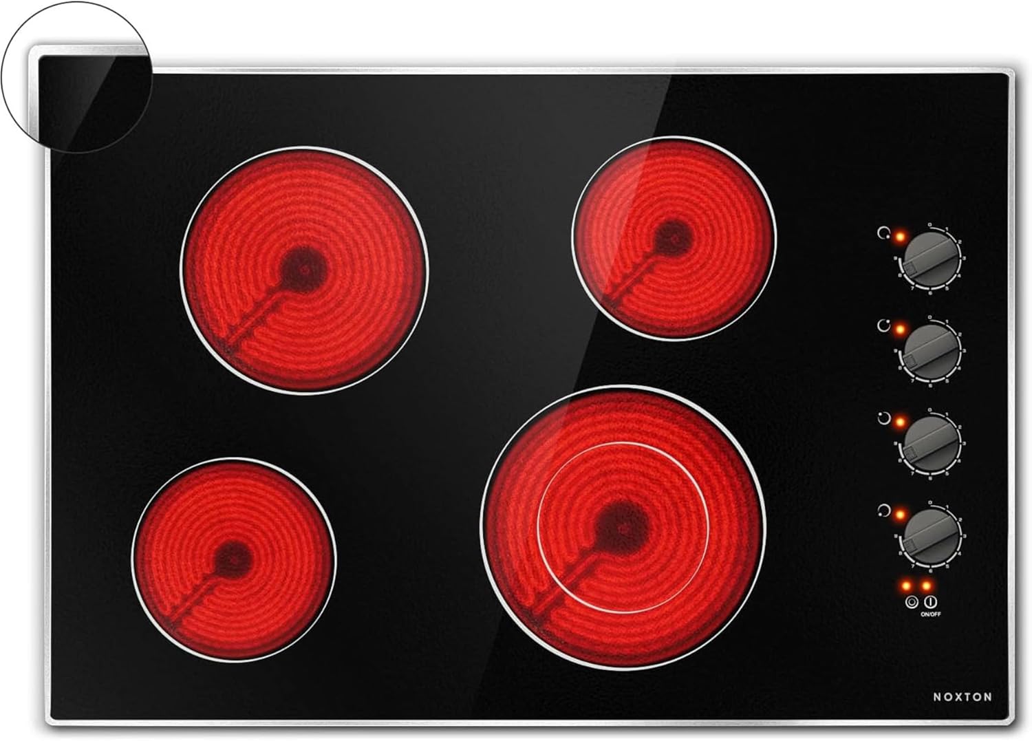 Noxton 30 Inch 4 Burners Electric Cooktop, Built-in 30" Radiant Electric Ceramic Stove Top with Glass Protection Metal Frame,Knob Control, Hot Surface Indicator, 220-240v, No Plug, Hard Wire