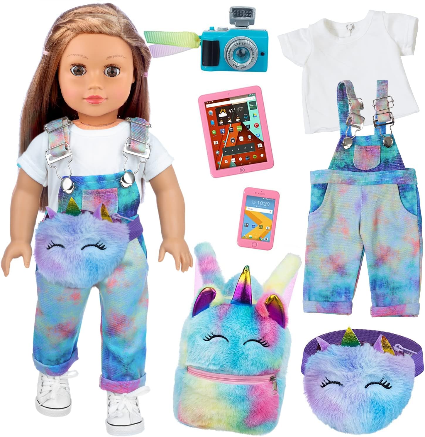 ZITA ELEMENT 7 Pcs American 18 Inch Doll Clothes and Accessories - 18 Inch Doll Clothes Set with Doll Backpack,Waist Bag,Cell Phone,Tablet Phone,Camera (No Doll)