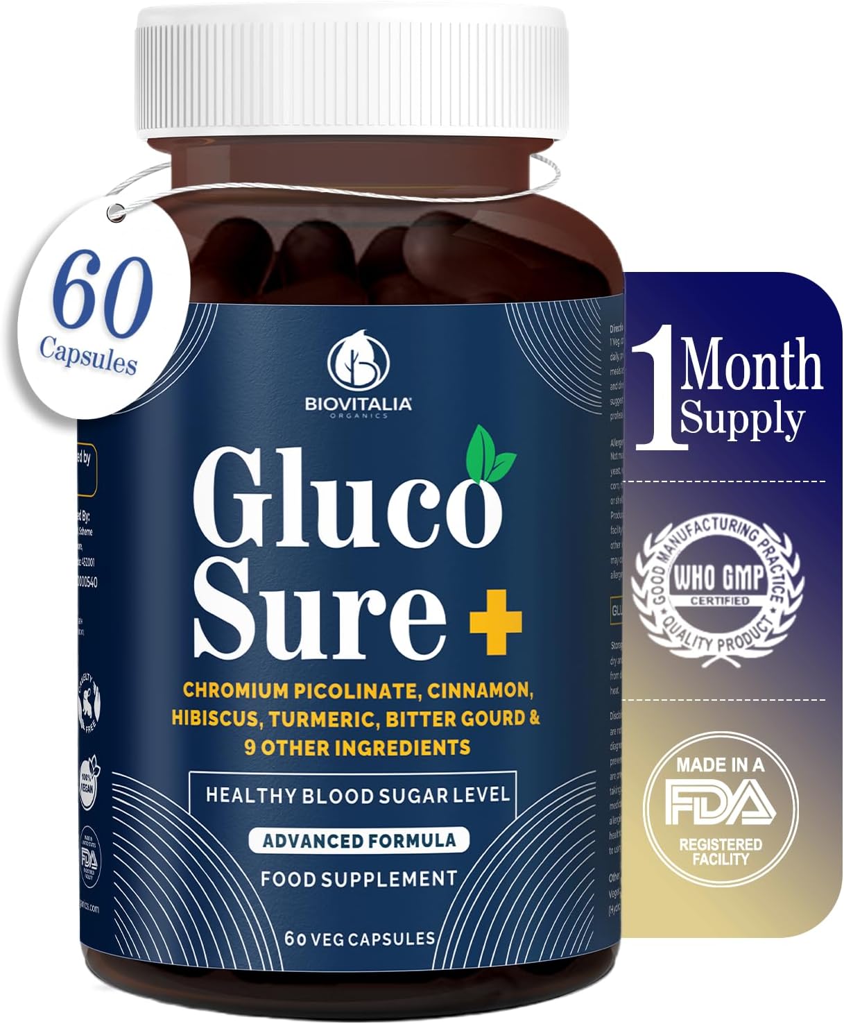 Biovitalia Gluco Sure+ Blood Sugar Control Supplement Capsules with Chromium Picolinate Cinnamon Bitter Gourd Hibiscus for Healthy Blood Sugar Levels Vegan Glucose Support Supplement - 60 Capsules