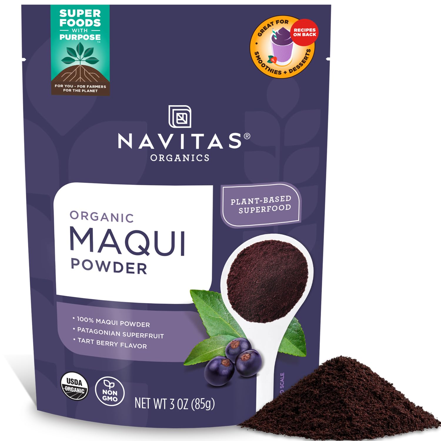 Navitas Organics Maqui Powder, 3 oz. Pouch, 17 Servings — Organic, Non-GMO, Freeze-Dried, Gluten-Free