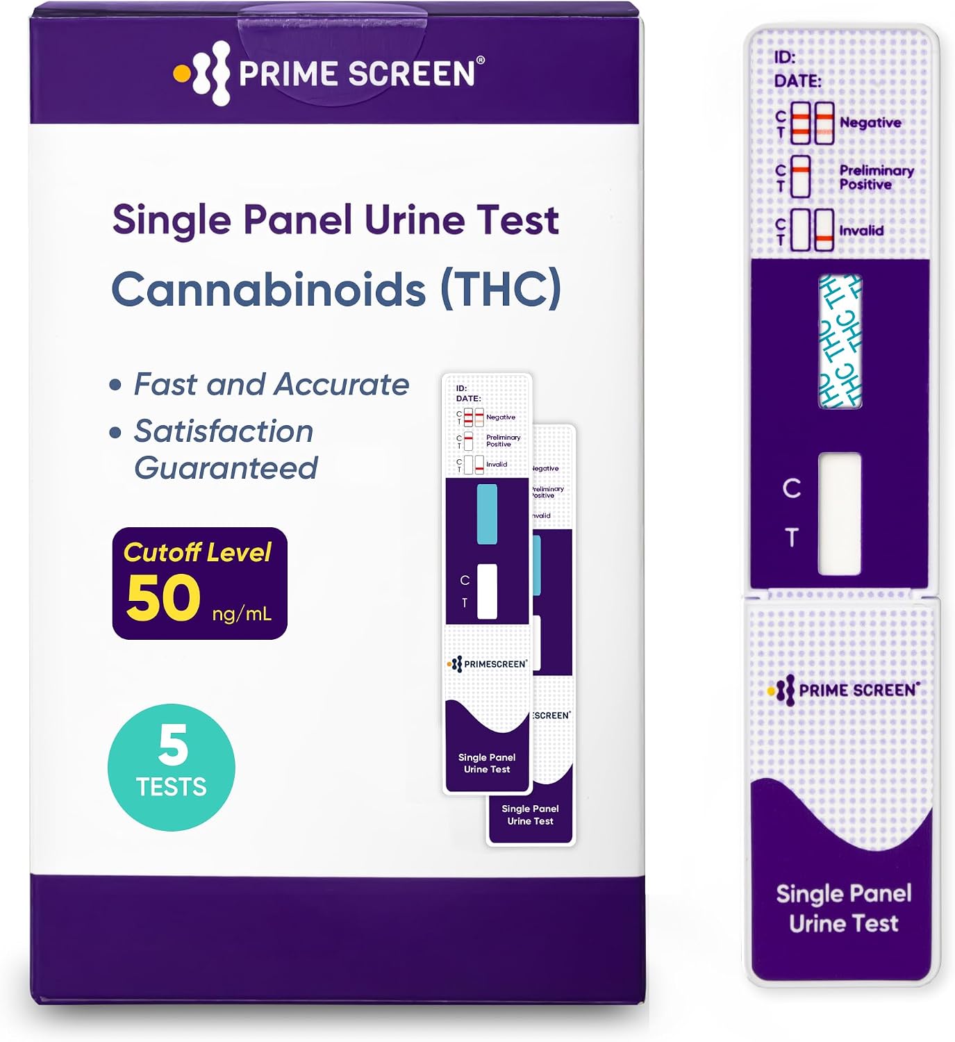 [5 Pack] Prime Screen THC Marijuana Drug Test Kit - Medically Approved Urine Drug Screening Test - Detects Any Form of THC Cannabis