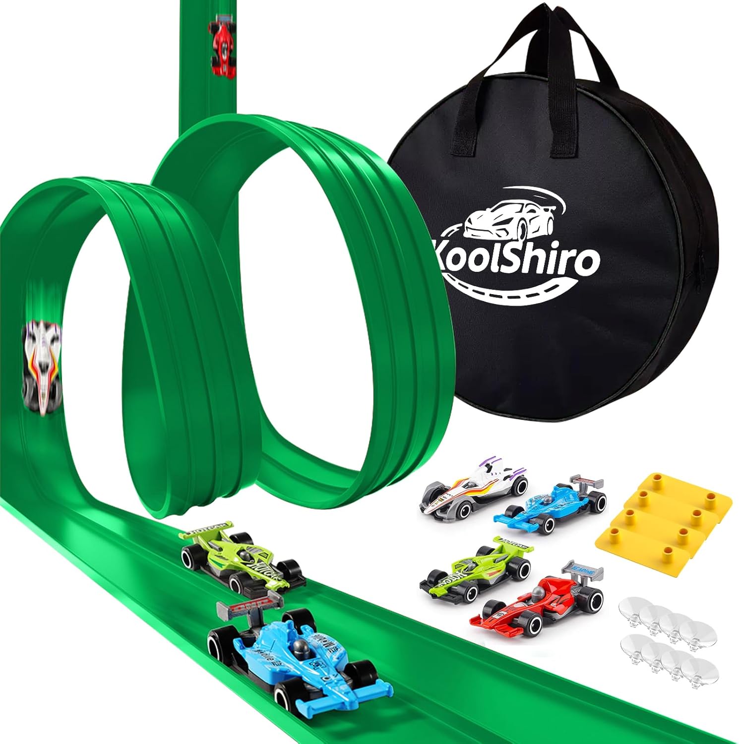 Flexible Toy Car Track for Racing, 6M Roll Up Race Track Includes 4 Diecast Toy Cars for Boys, Diecast Cars and Monster Trucks, Attach to Windows Doors for Bumps Jumps Tunnels Loops (Green)