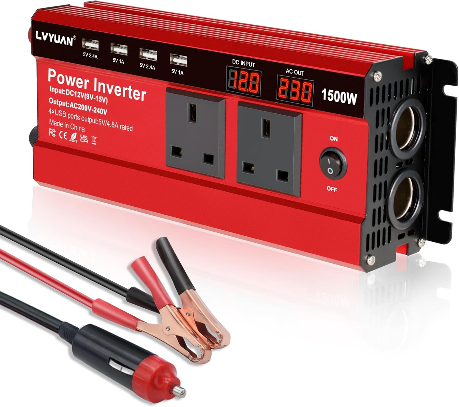 LVYUAN 1500W Power Inverter 12V to 240V AC Car Converter with 3.1A 4 USB 2 AC Sockets Dual Car Adapter With 2 LED Display