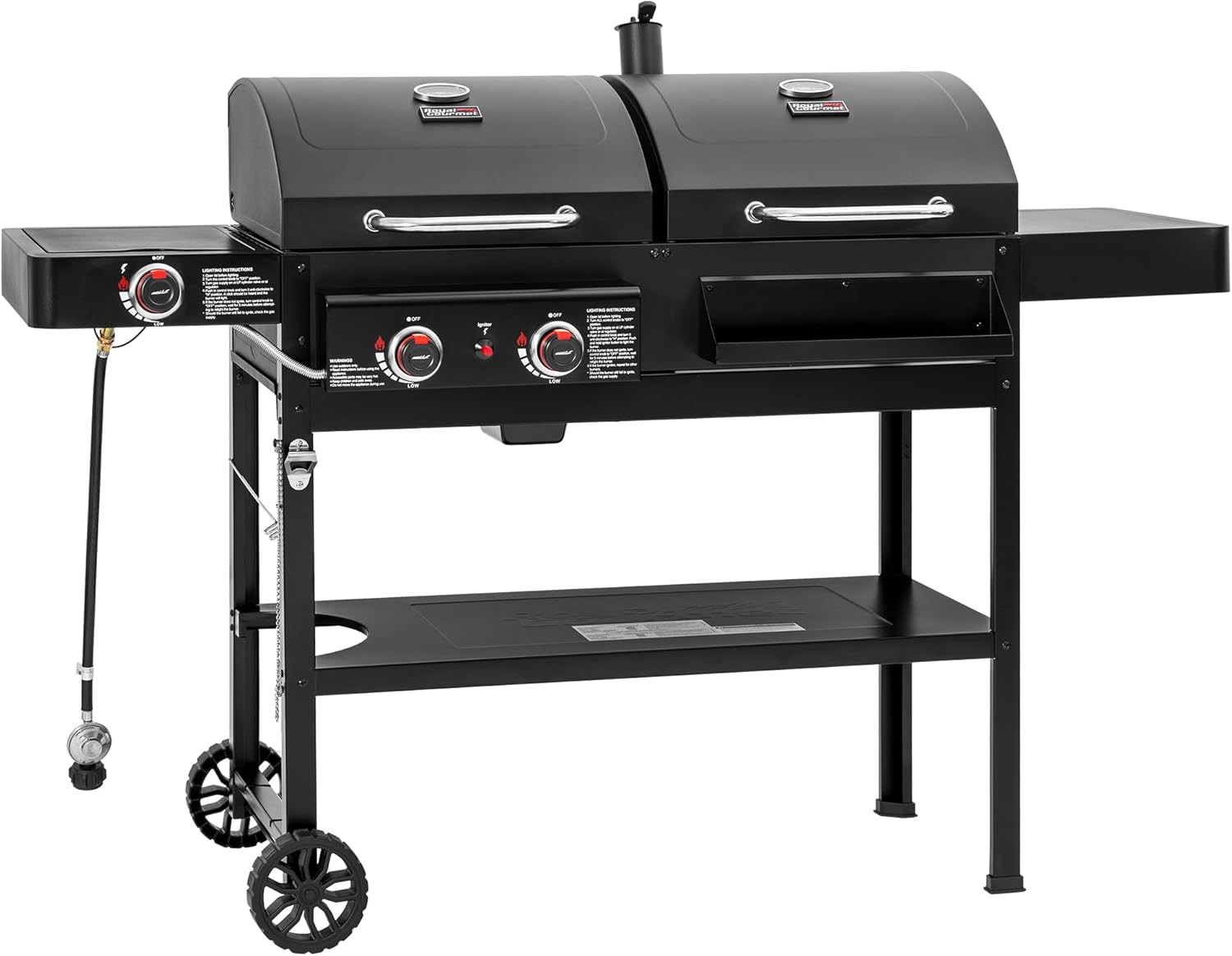 Royal Gourmet ZH3005 2 Burner Propane Gas and Charcoal Combo Grill with Side Burner & Porcelain-enameled Cast Iron Grates, Dual Fuel BBQ Combo Grill for Outdoor Cooking, Black