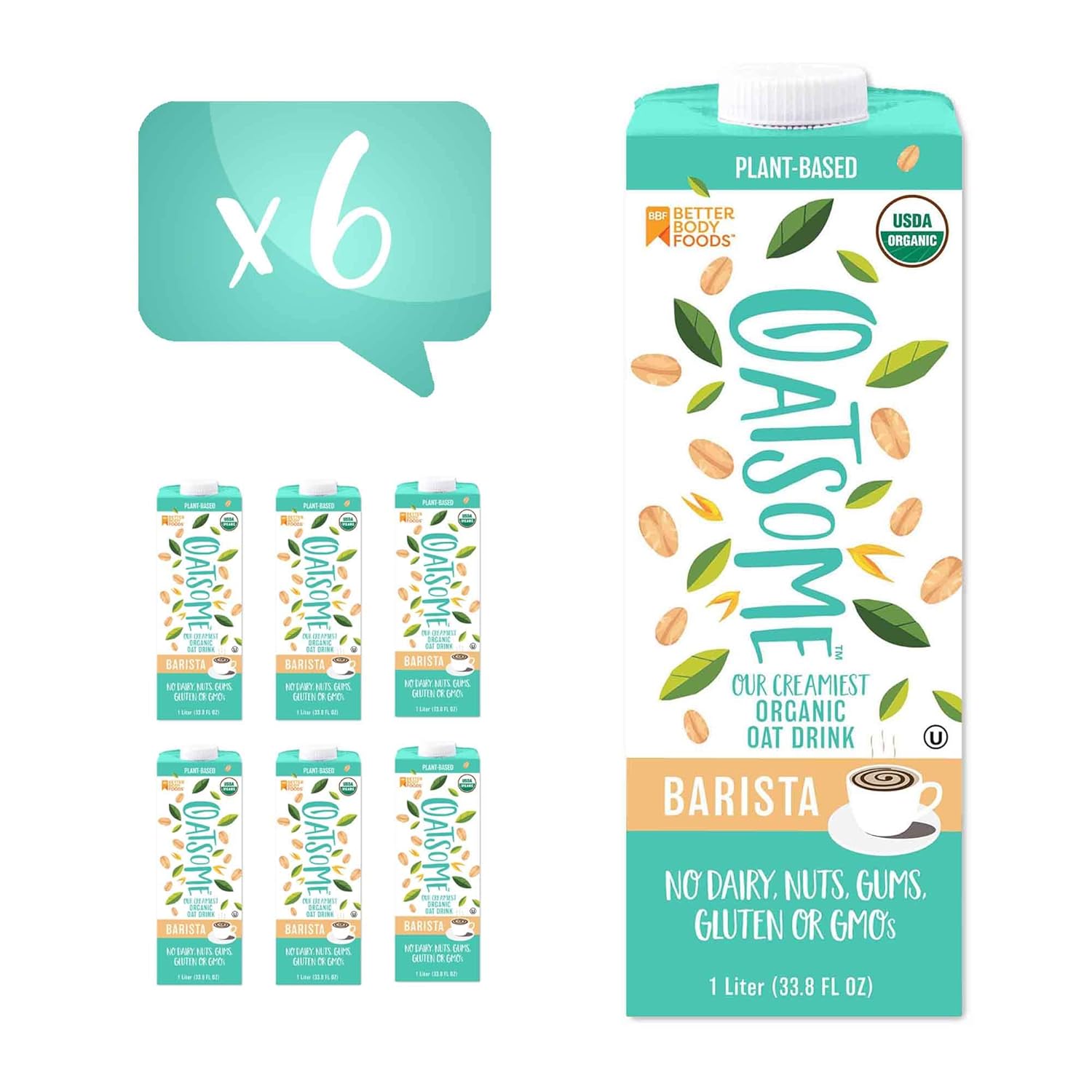 Oatsome Organic Oat Milk, Barista Blend, Gluten-Free, Dairy-Free (6 Pack), 33.8 Fl Oz