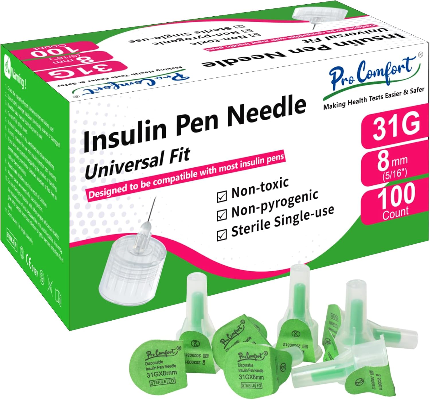 Insulin Pen Needles 31G 8mm (5/16"), Diabetic Needles for Insulin Injections, 100 Ct, Universal Fit, Compatible with Most Pen Injector Device, Super Thin