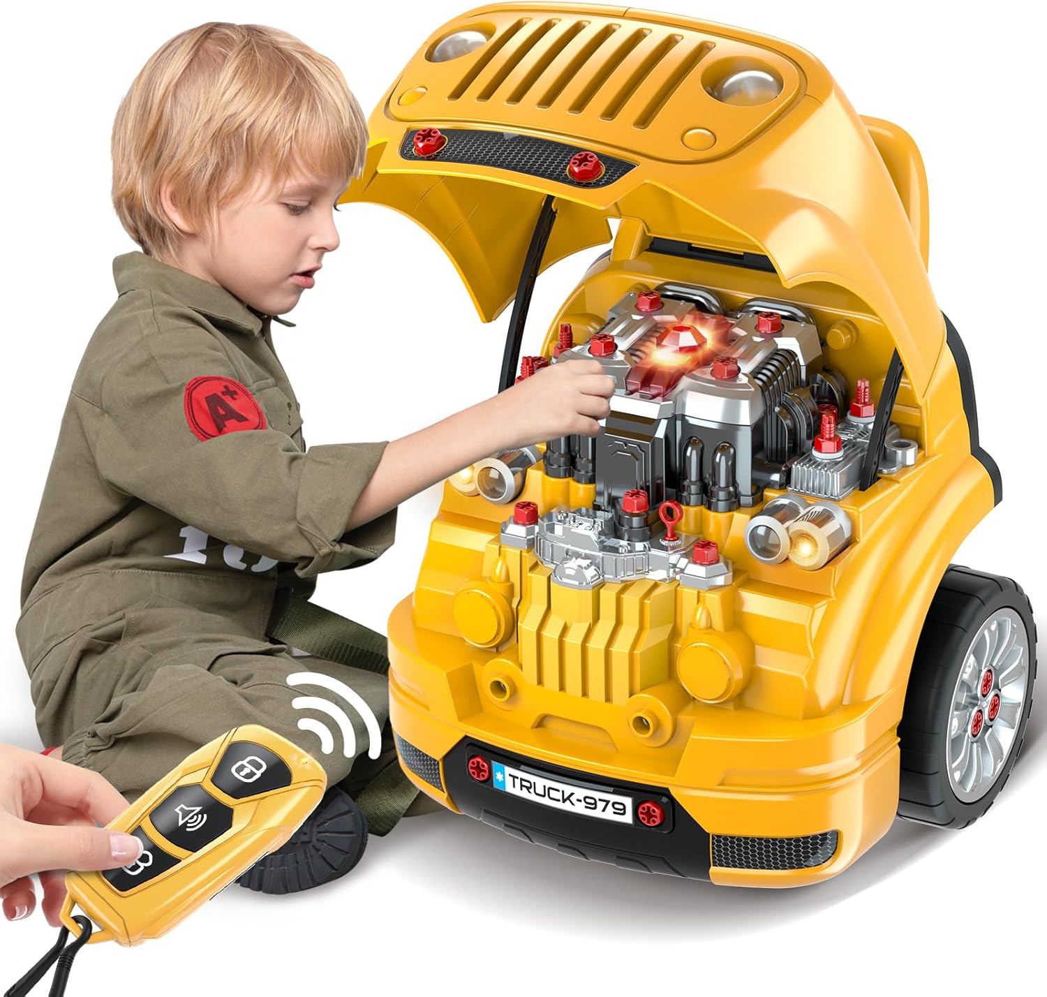 SpringFlower Toys Gifts for 3 4 5 6 7 8 Years Old Boys, Large Truck Engine, Mechanic Repair Set for Kids, Big Truck Builder Kit, Take Apart Motor Vehicle Play Car Service Station, for Kids