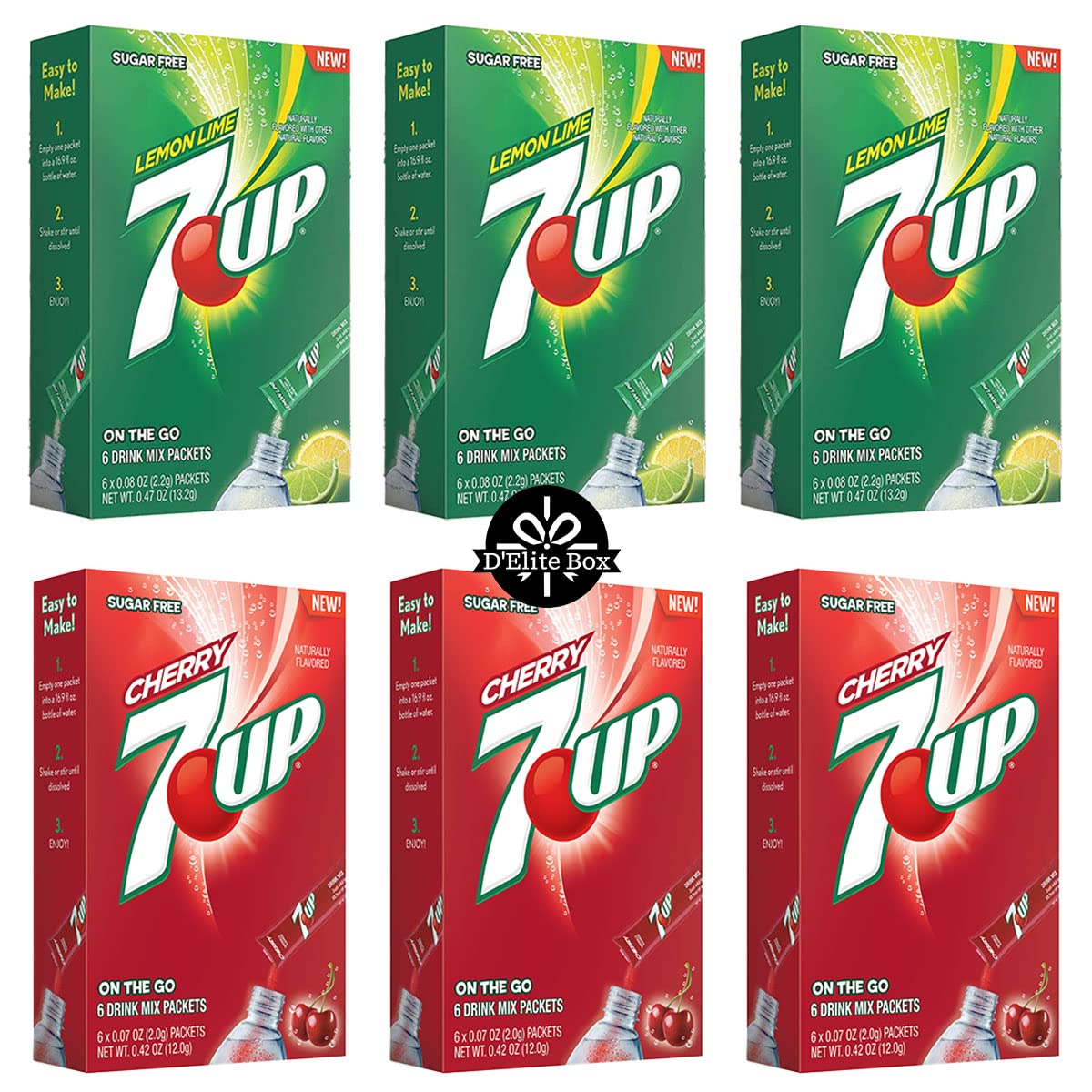 7UP Powdered Drink Mix 6 Boxes of 6 packets with 3 Boxes each of Lemon-Lime and Cherry flavor for Total 36 Sticks bundle packaged by D'Elite Box