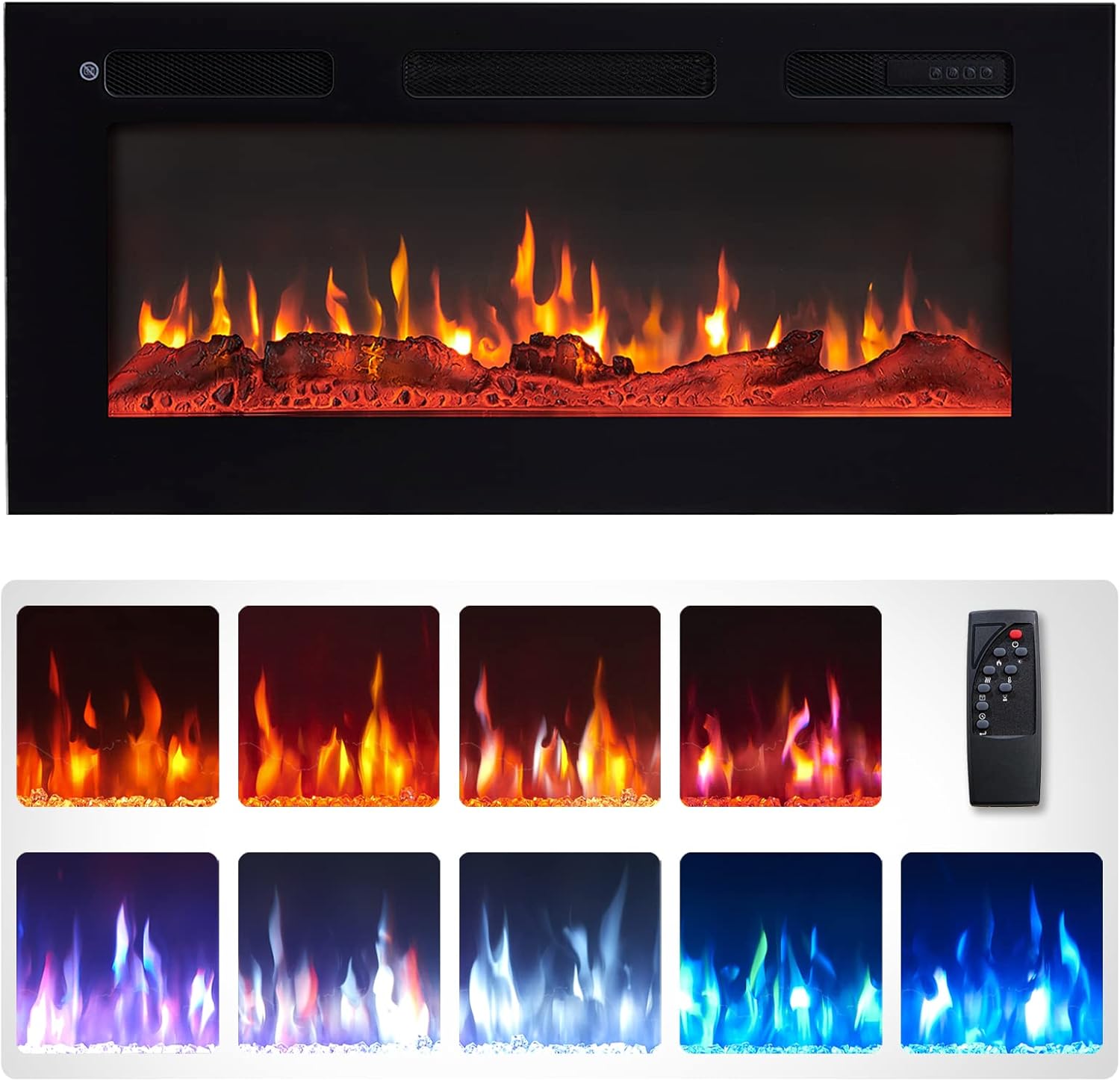 Wilton 36"/92cm Electric Fireplace, Wall Mounted, Recessed, 9 Colour Flame Effect, Media Wall Compatible, 900W - 1800W Heater, Remote Control