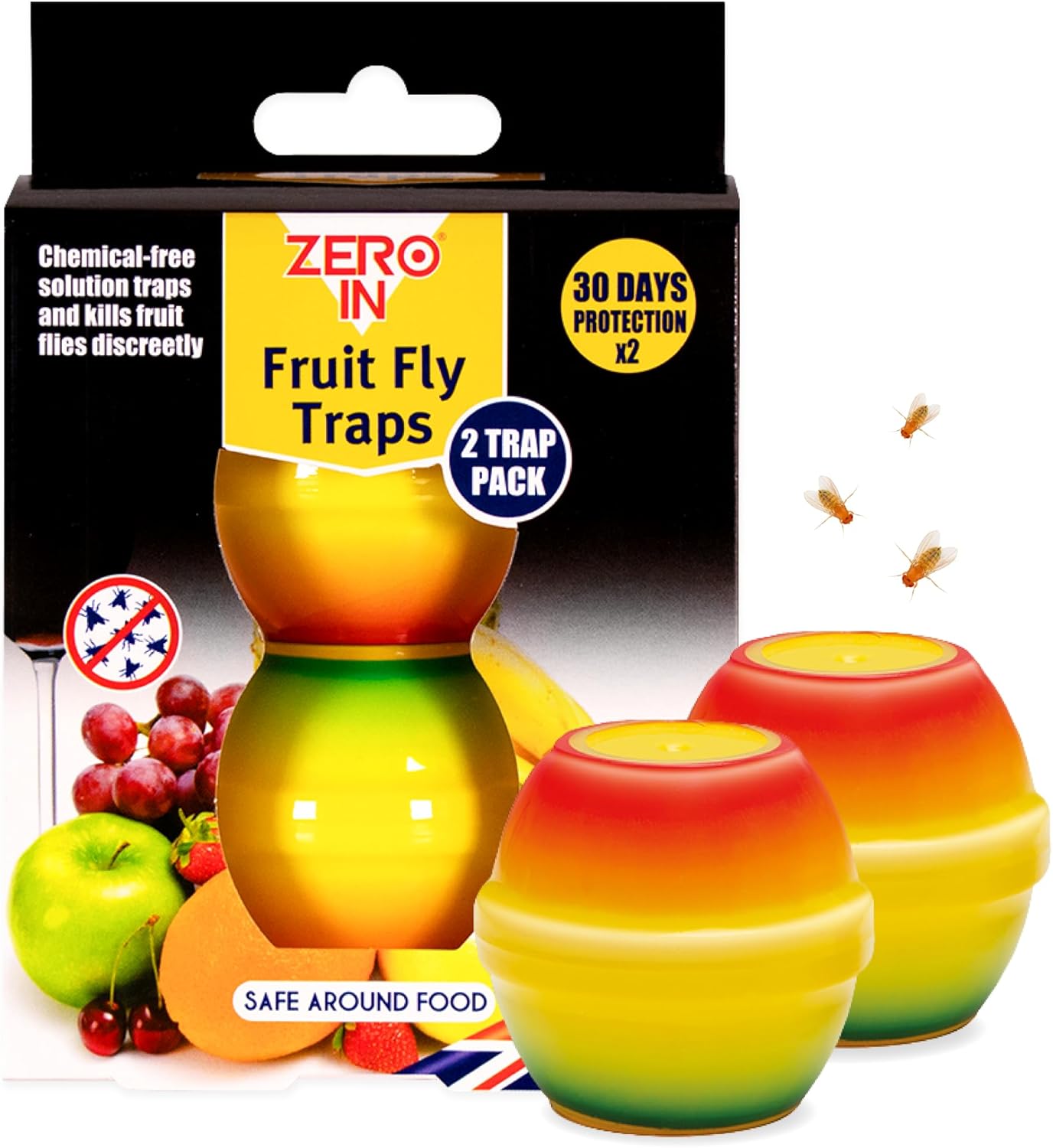 Zero In Fruit Fly Trap - Ready-Baited Indoor Fly Catcher, Apple-Shaped Twin Pack - Non-Toxic, Insect Trap to Attract & Trap Bugs - Suitable for Kitchen & Home Use, Lasts up to 30 Days