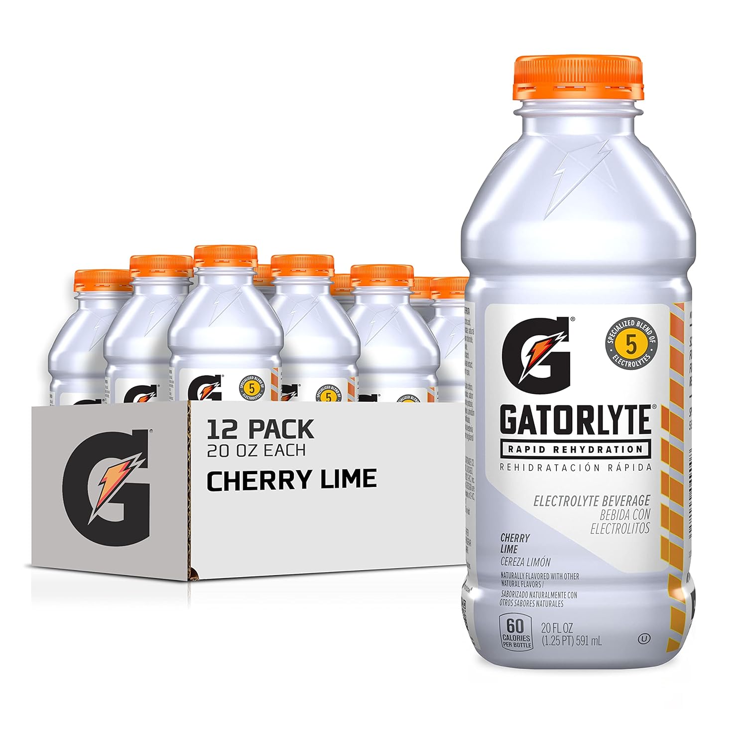 Gatorlyte Rapid Rehydration Electrolyte Drink, Cherry Lime, Specialized Blend of 5 Electrolytes, Lower Sugar, No Artificial Sweeteners, No Artificial Flavors, 20 fl oz Bottles (12 Pack)