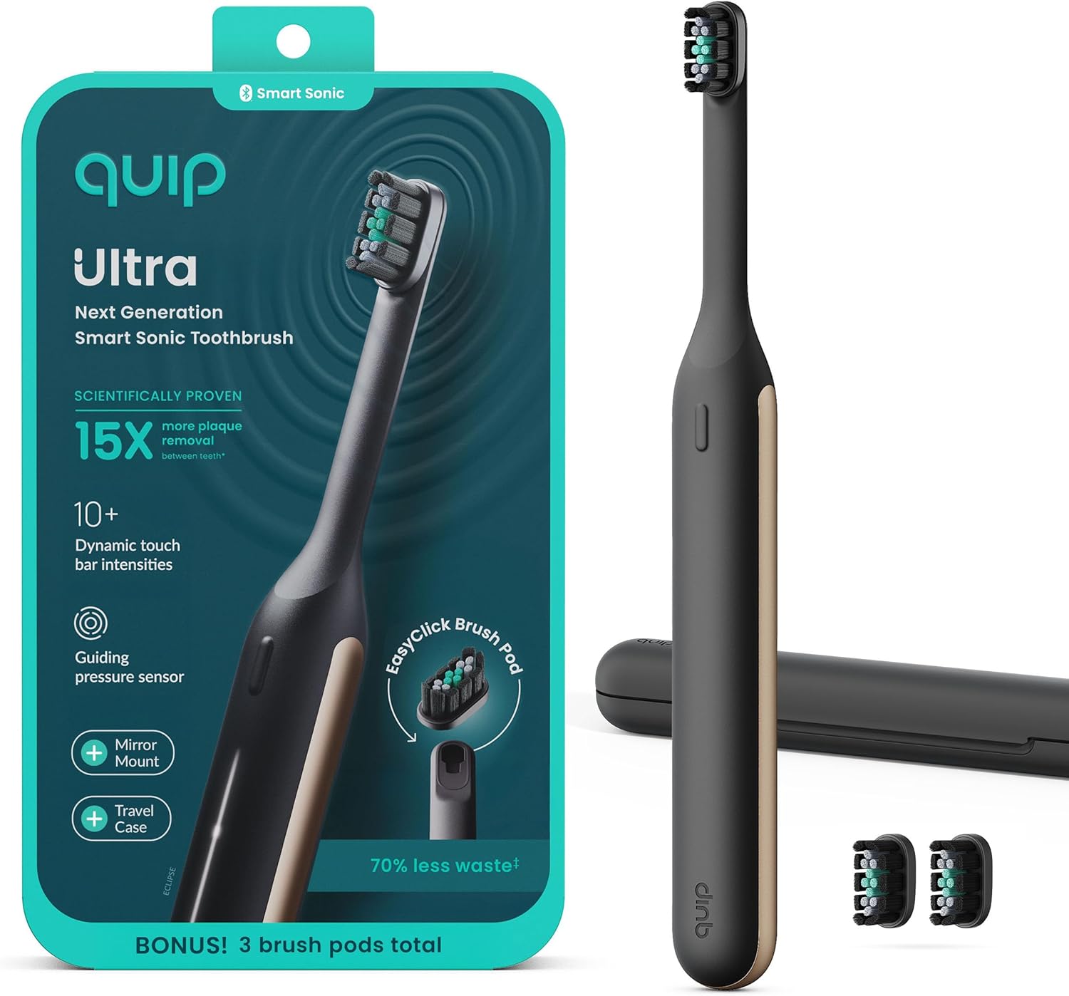 Quip Ultra Next Generation Smart Toothbrush - Timed Electric Toothbrush with Case - Replaceable Brush Head, Soft Bristles, Silicone Handle, 30-Day Battery Life - Travel Toothbrush - Eclipse