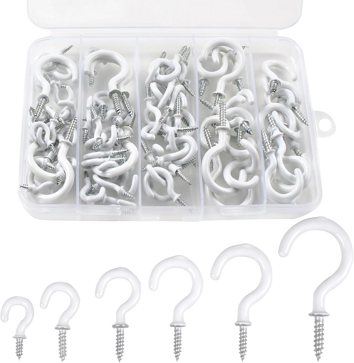 Romeda 90 Pcs White Ceiling Hooks kit, 6 Sizes Vinyl Coated Screw-in Plant, Kitchen, Cup, Ceiling Hooks for Hanging (1/2in, 5/8in,3/4in,7/8in,1'',1-1/4in)