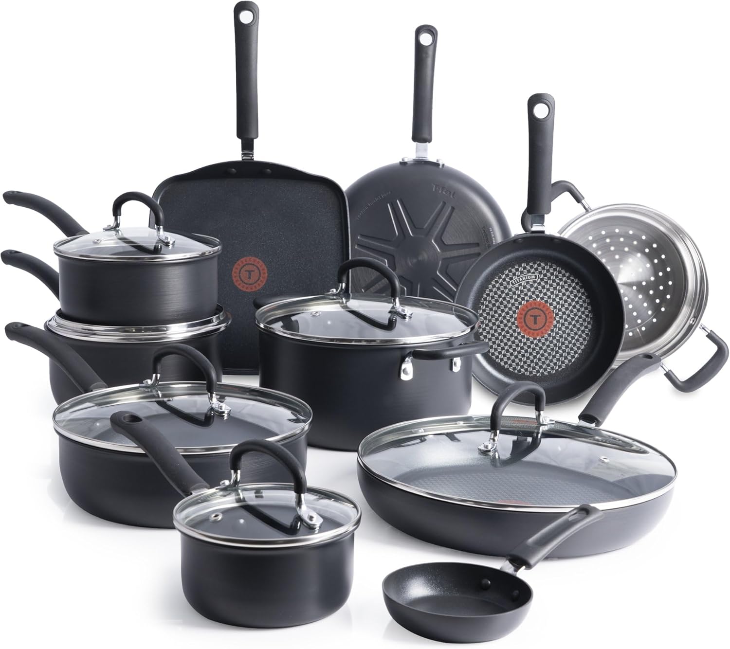 T-fal Ultimate Hard Anodized Nonstick Cookware Set 17 Piece, Oven Broiler Safe 400F, Lid Safe 350F, Kitchen Cooking Set w/Fry Pans, Saucepans, Saute Pan, Griddle, Pots and Pans, Dishwasher Safe Black