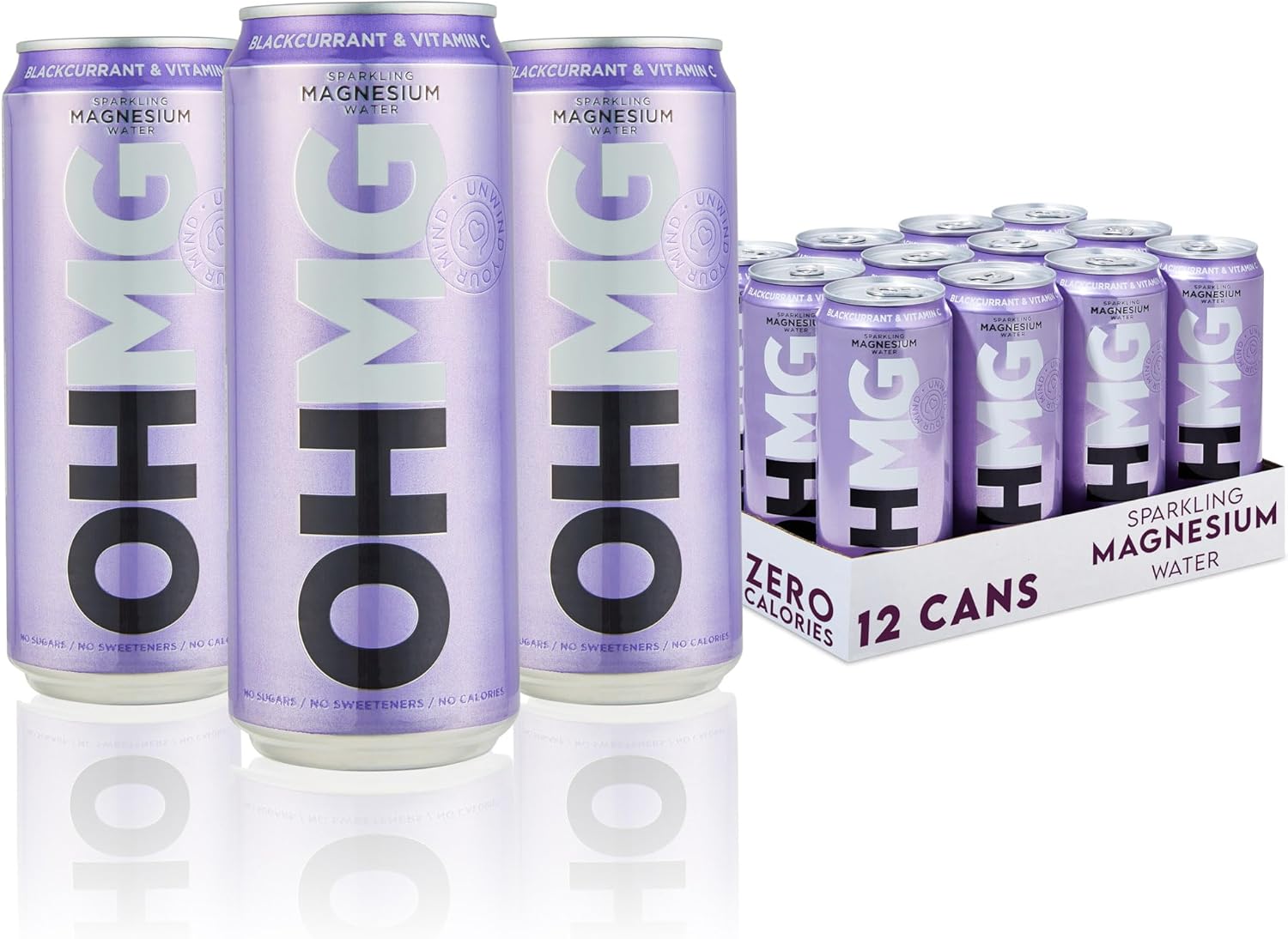 OHMG Sparkling Magnesium Water – Blackcurrant with Vitamin C (12 x 330ml) Cans | 100mg Magnesium | Zero Sugar, Calories & Sweeteners | Flavoured Fizzy Health Drink for Focus & Relaxation