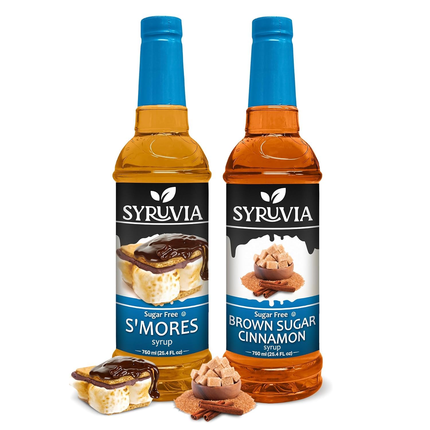 Syruvia Sugar-Free Brown Sugar Cinnamon & S'mores Syrup - 25.4 fl oz Premium Coffee Flavoring Syrup. 0 Calories, Kosher and Gluten-Free. Perfect for Drinks, Sodas, Shakes, Desserts, & More.