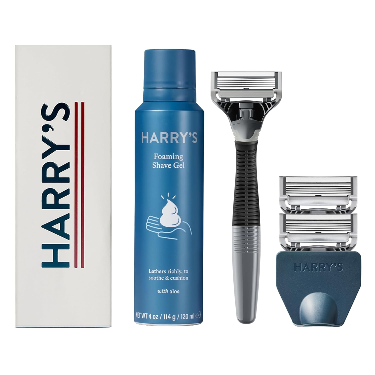 Harry's Shaving Kit for Men - Razor Handle, 3 Razor Blade Refills, Foaming Shave Gel, and Travel Blade Cover - Charcoal