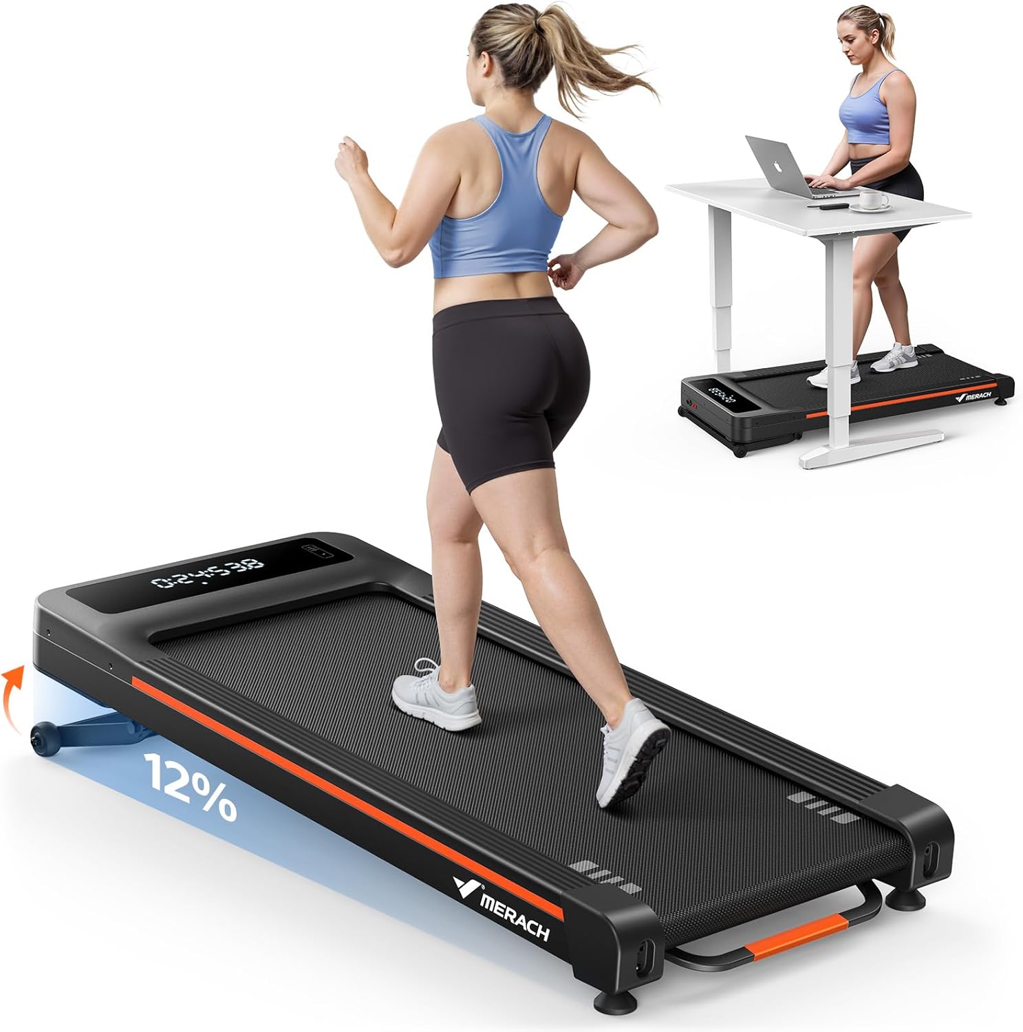 MERACH W50 Walking Pad Treadmills for Home, 12% Auto Incline, 400lbs Capacity, 3.5HP Super Quiet Brushless, 16.5"x41.3" Spacious Running Belt, Under Desk Treadmill with Remote & LED